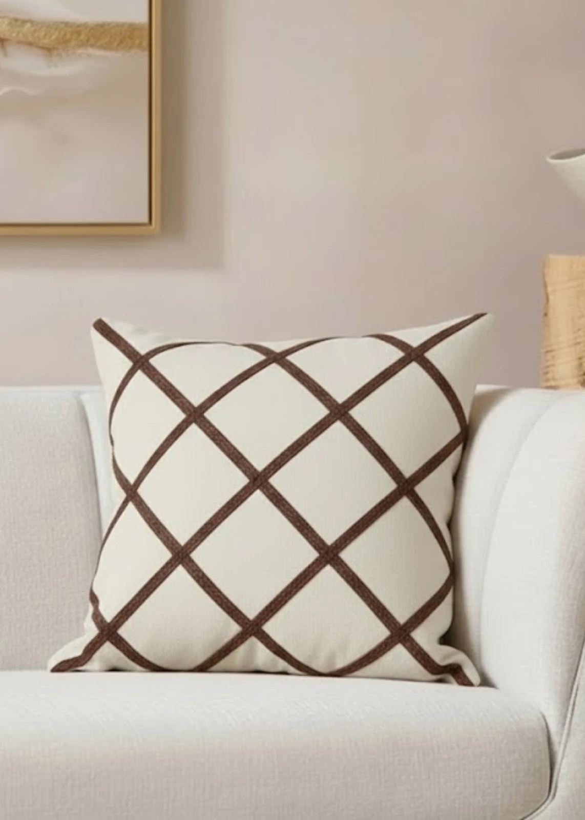 Renkli Ekose Punch Nakışlı Dekoratif Kırlent Kılıfı Pamuk 42x42 cm  - Haki