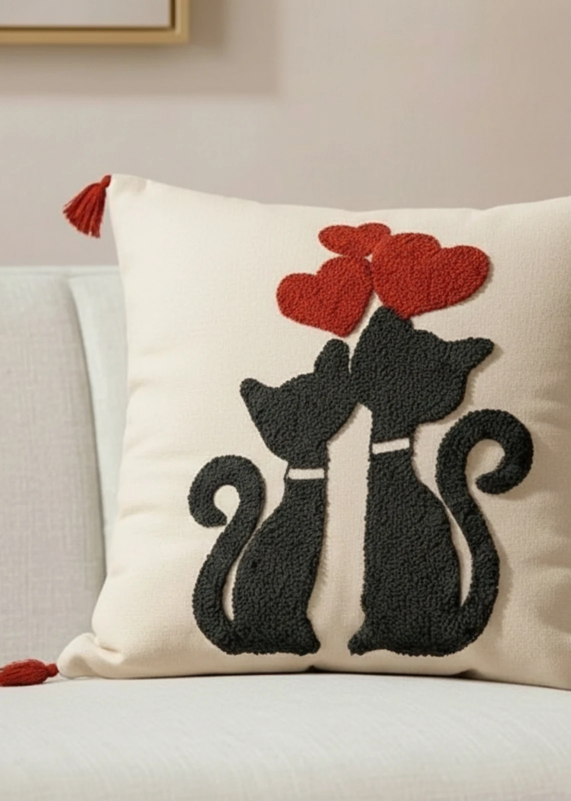 Renkli Kedi Motifli Punch Nakışlı Dekoratif Kırlent Kılıfı Pamuk 42x 42 cm 