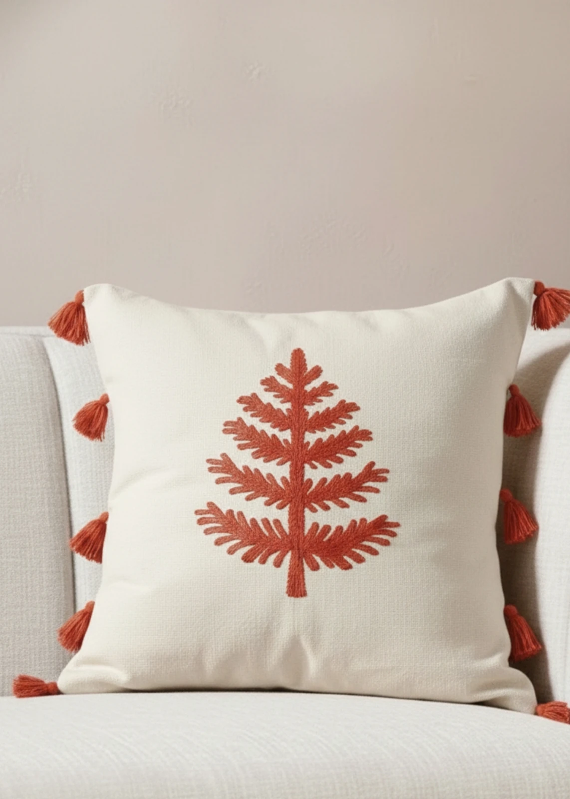 Renkli Ağaç Punch Nakışlı Dekoratif Püsküllü Kırlent Kılıfı Pamuk 42x42 cm 