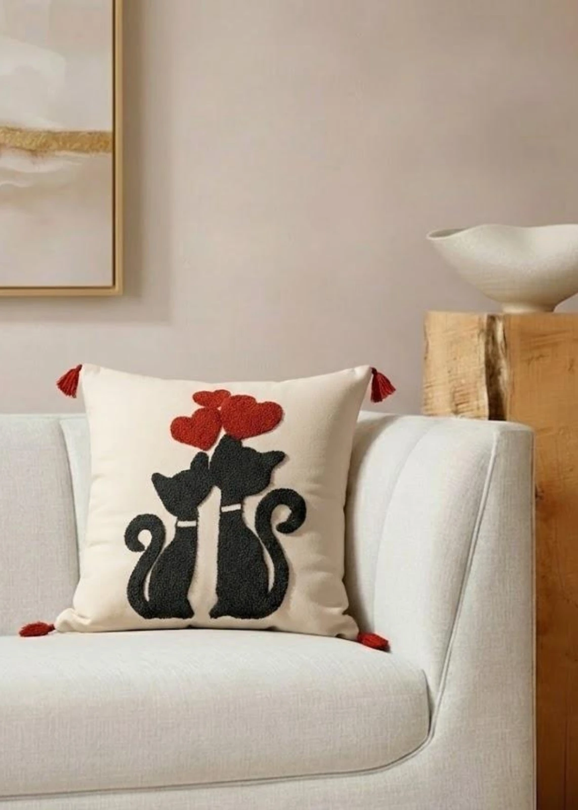 Renkli Kedi Motifli Punch Nakışlı Dekoratif Kırlent Kılıfı Pamuk 42x 42 cm 