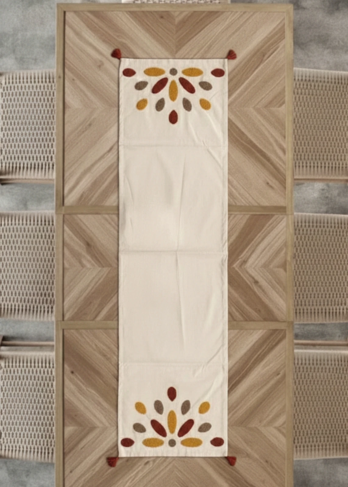 Punch Nakışlı Desenli Krem Masa Runnerı (40x130 cm)