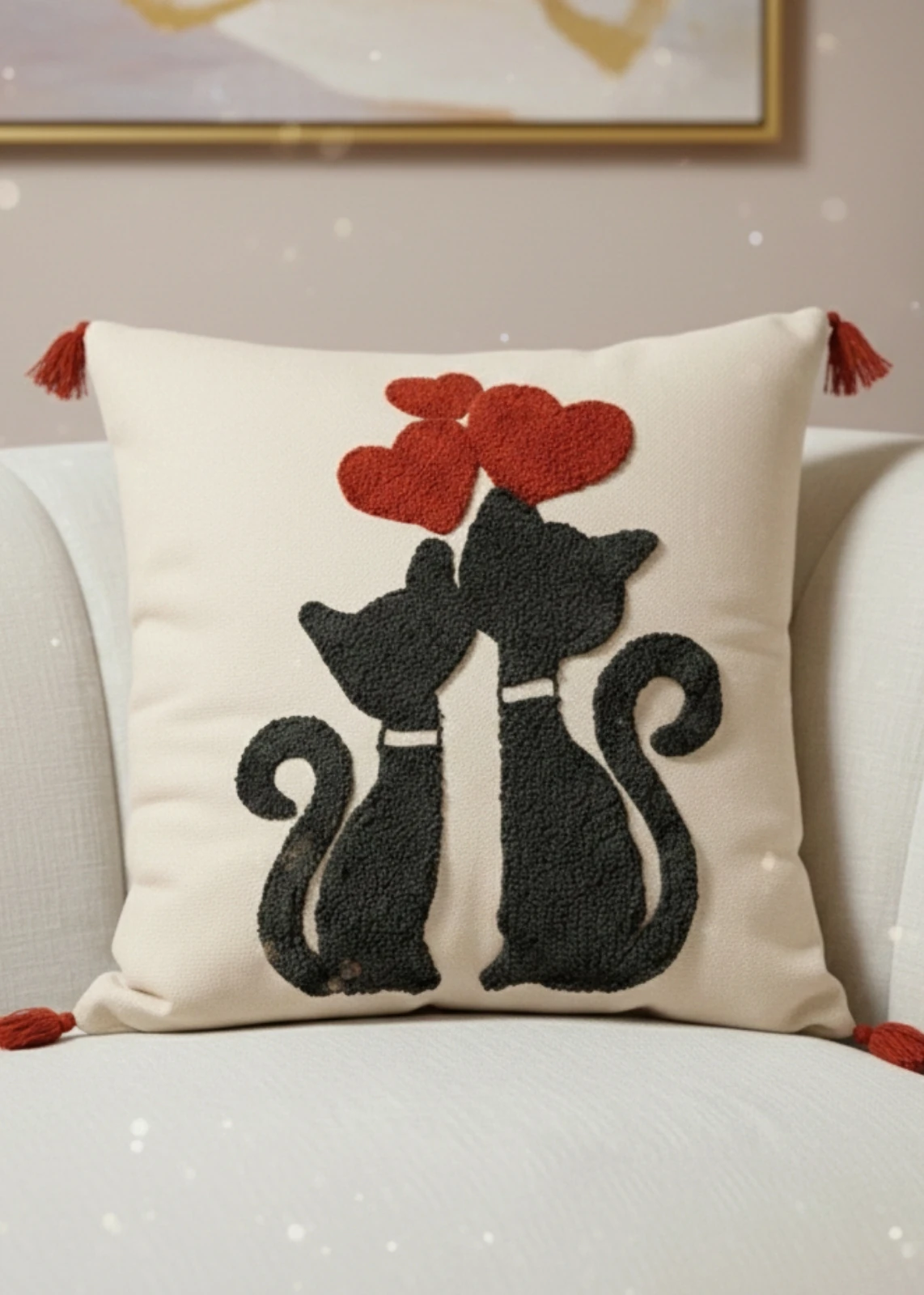 Renkli Kedi Motifli Punch Nakışlı Dekoratif Kırlent Kılıfı Pamuk 42x 42 cm 