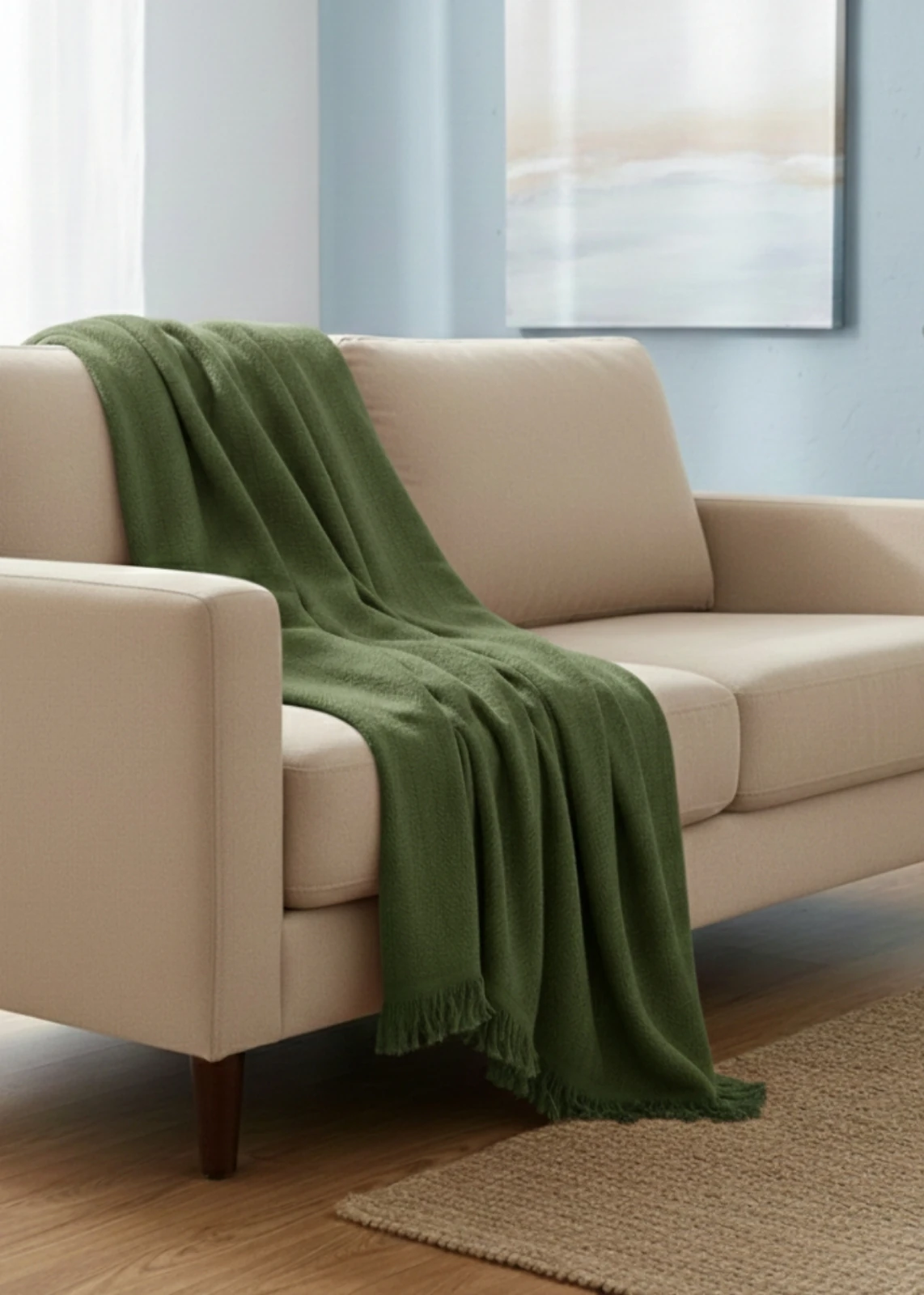 Renkli Dokuma Saçaklı Modern Koltuk Örtüsü Tv Şalı  - Haki