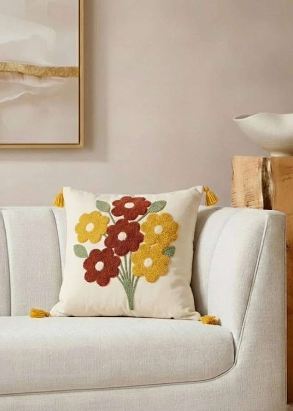 Renkli Çiçek Buketi Punch Nakışlı Dekoratif Püsküllü Kırlent Kılıfı Pamuk 42x42 cm 