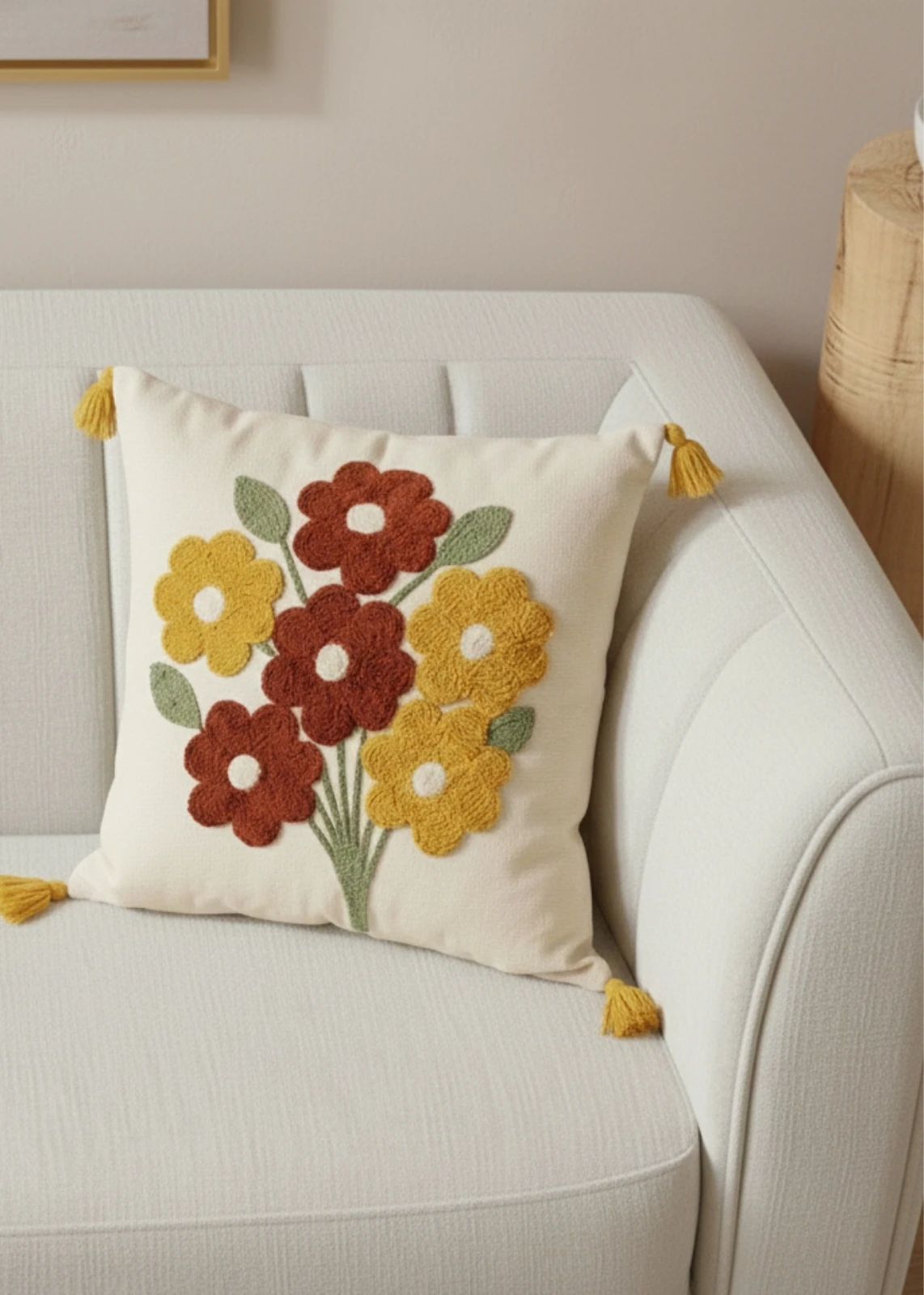 Renkli Çiçek Buketi Punch Nakışlı Dekoratif Püsküllü Kırlent Kılıfı Pamuk 42x42 cm 