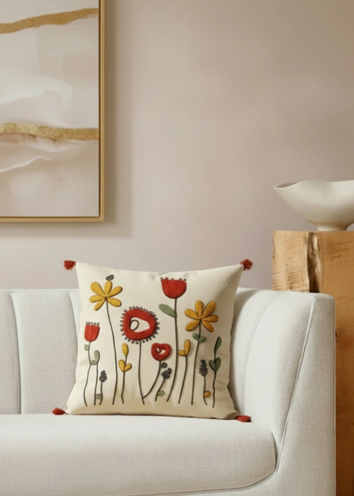 Renkli Bahçe Çiçekleri Punch Nakışlı Dekoratif Püsküllü Kırlent Kılıfı Pamuk 42 x 42 cm