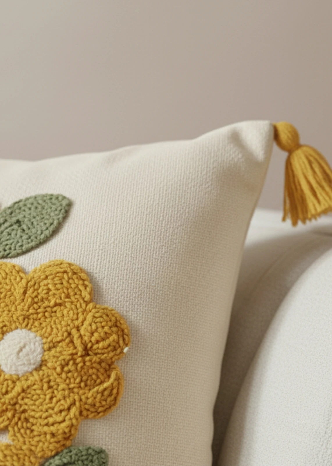 Renkli Çiçek Buketi Punch Nakışlı Dekoratif Püsküllü Kırlent Kılıfı Pamuk 42x42 cm 