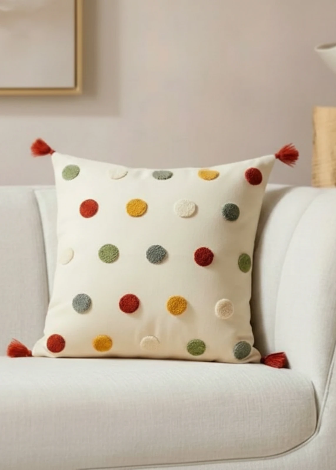 Renkli Nokta Punch Nakışlı Dekoratif Püsküllü Kırlent Kılıfı Pamuk 42x42 cm