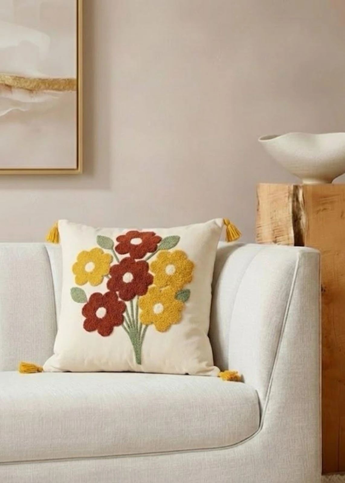 Renkli Çiçek Buketi Punch Nakışlı Dekoratif Püsküllü Kırlent Kılıfı Pamuk 42x42 cm 