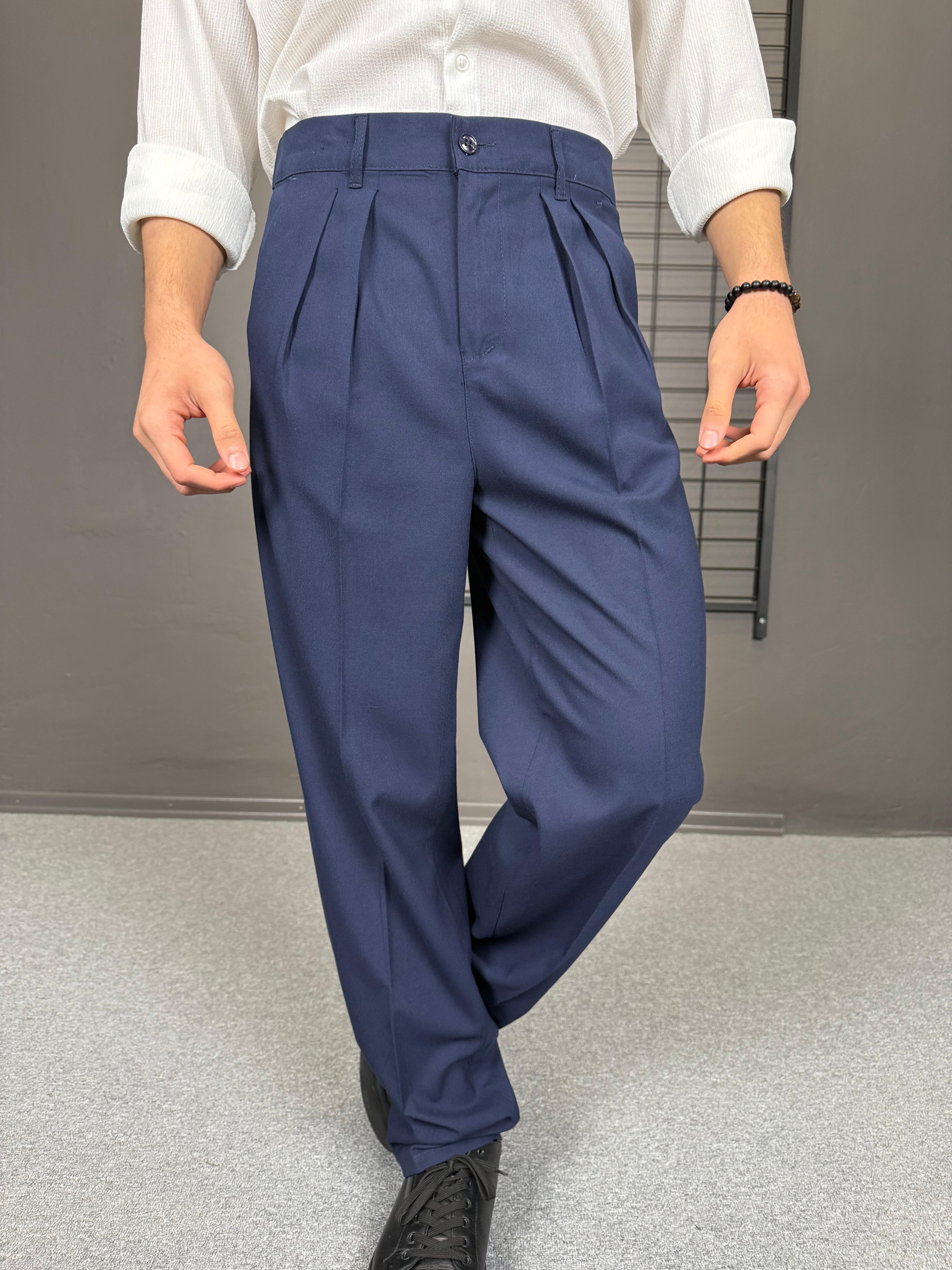 Pileli Relax Fit Kumaş Pantolon - Lacivert