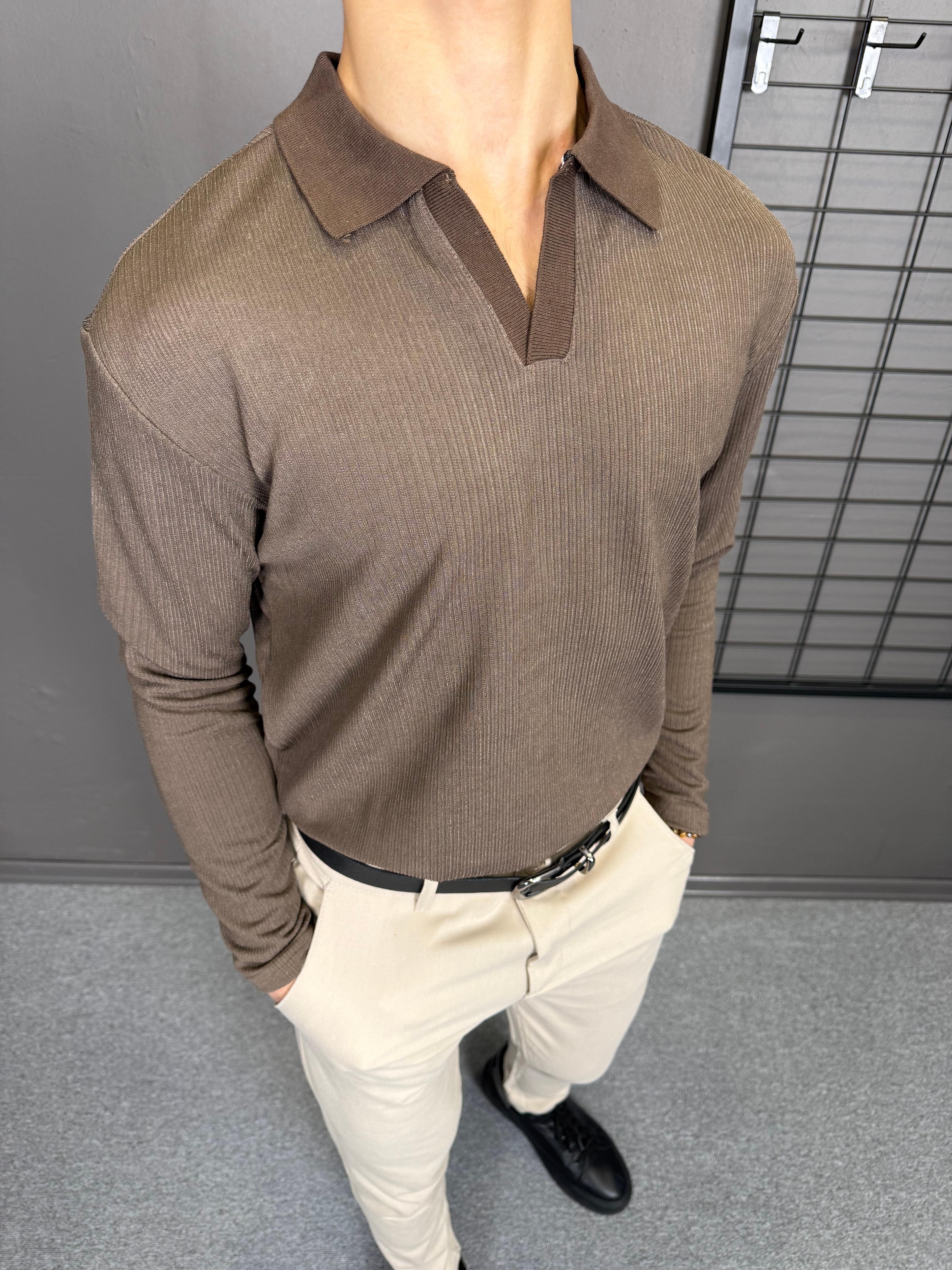 Pamuk Örme Fitil Detaylı Polo Yaka Sweatshirt