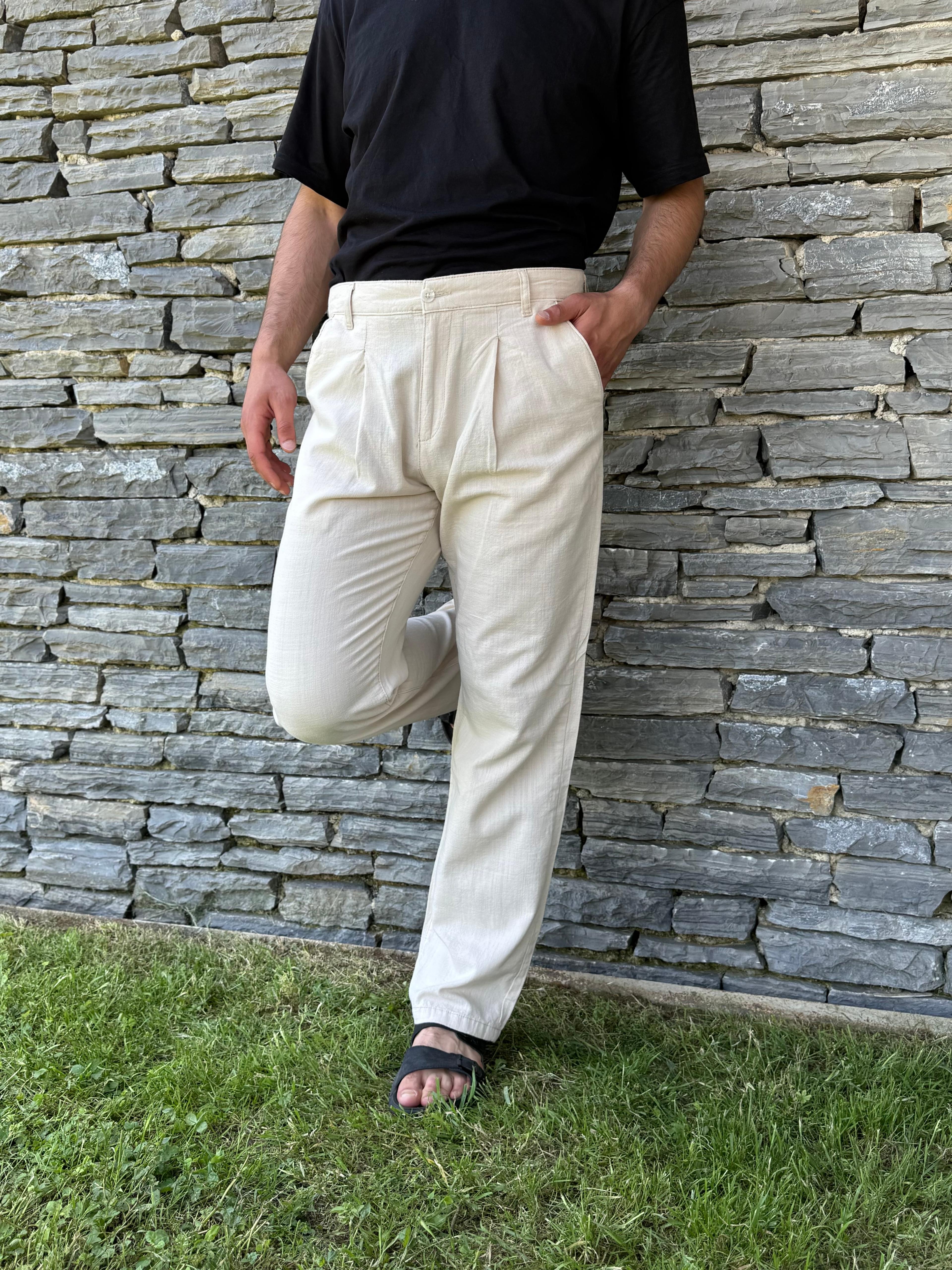 Erkek Pile Detaylı, Baggy (Yazlık) Keten Pantolon - Bej