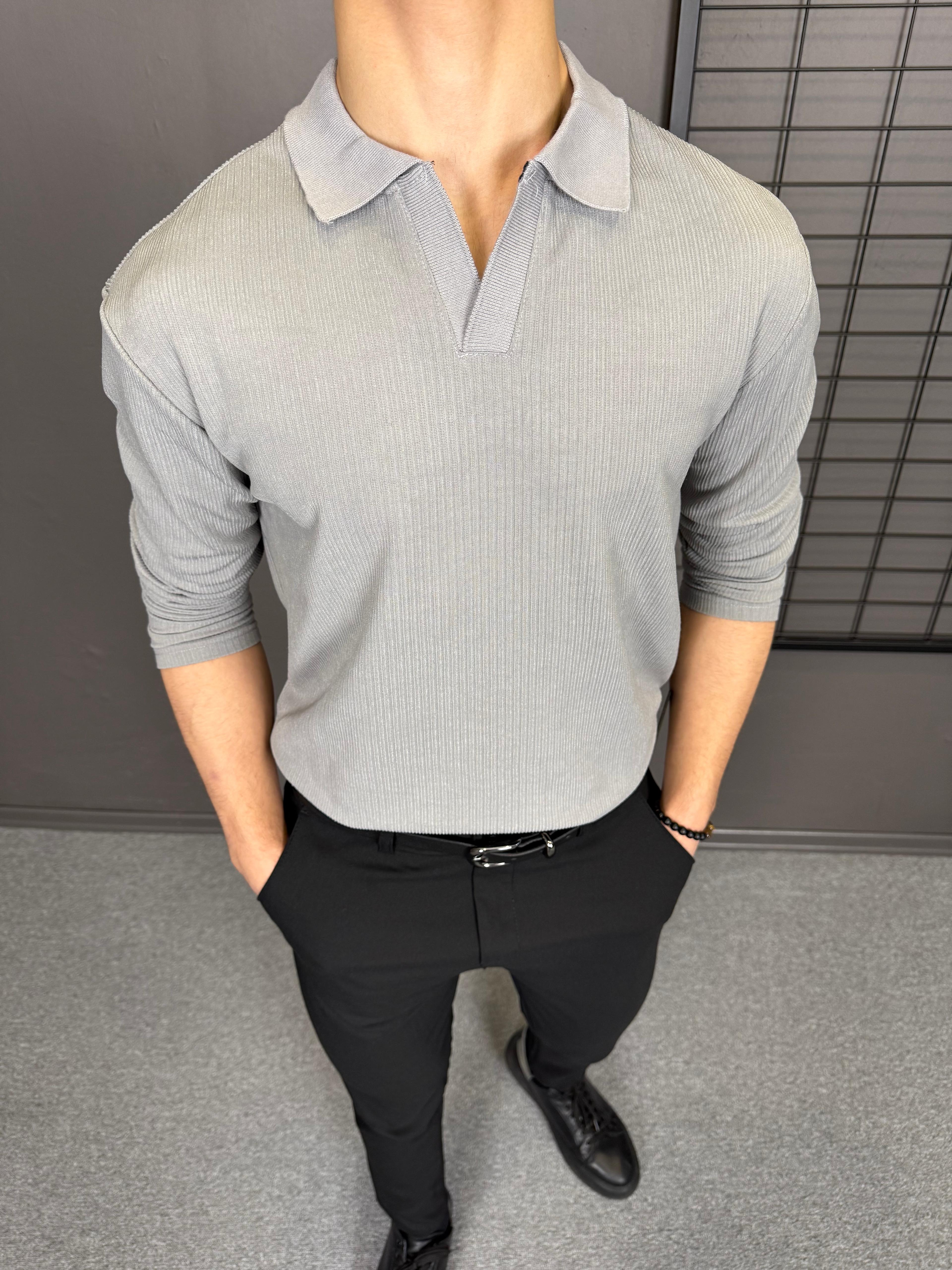Pamuk Örme Fitil Detaylı Polo Yaka Sweatshirt