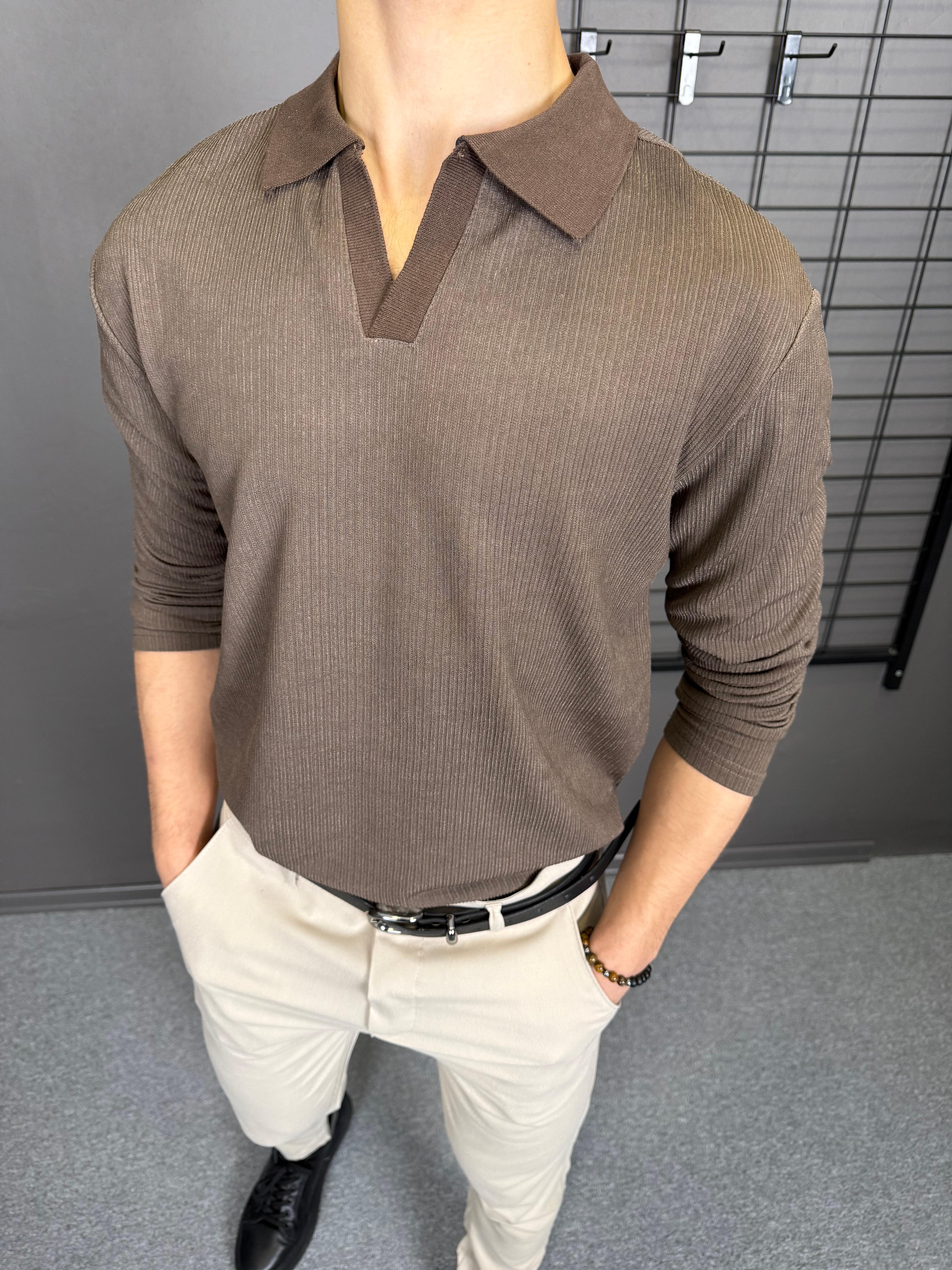 Pamuk Örme Fitil Detaylı Polo Yaka Sweatshirt