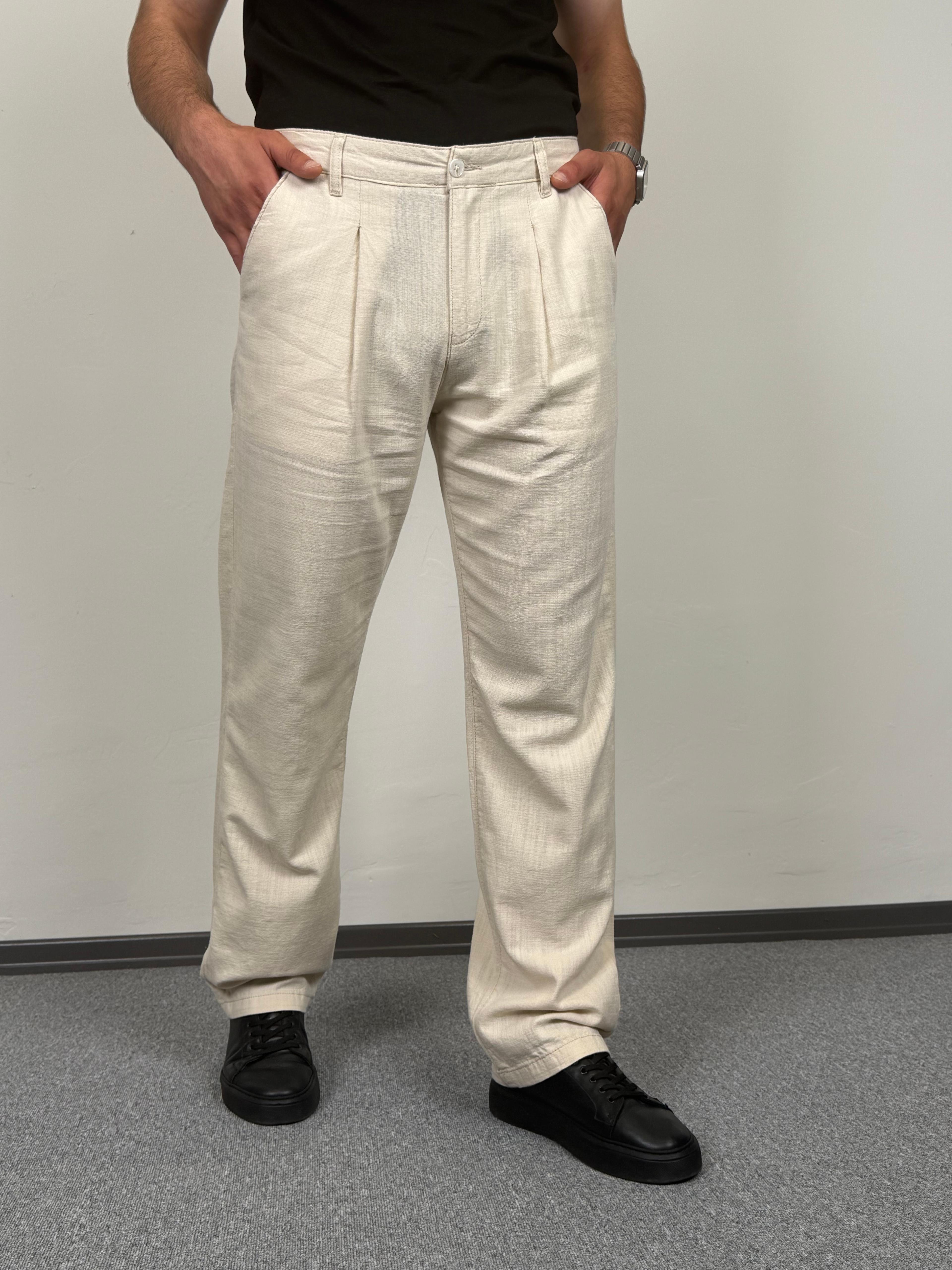 Erkek Pile Detaylı, Baggy (Yazlık) Keten Pantolon - Bej