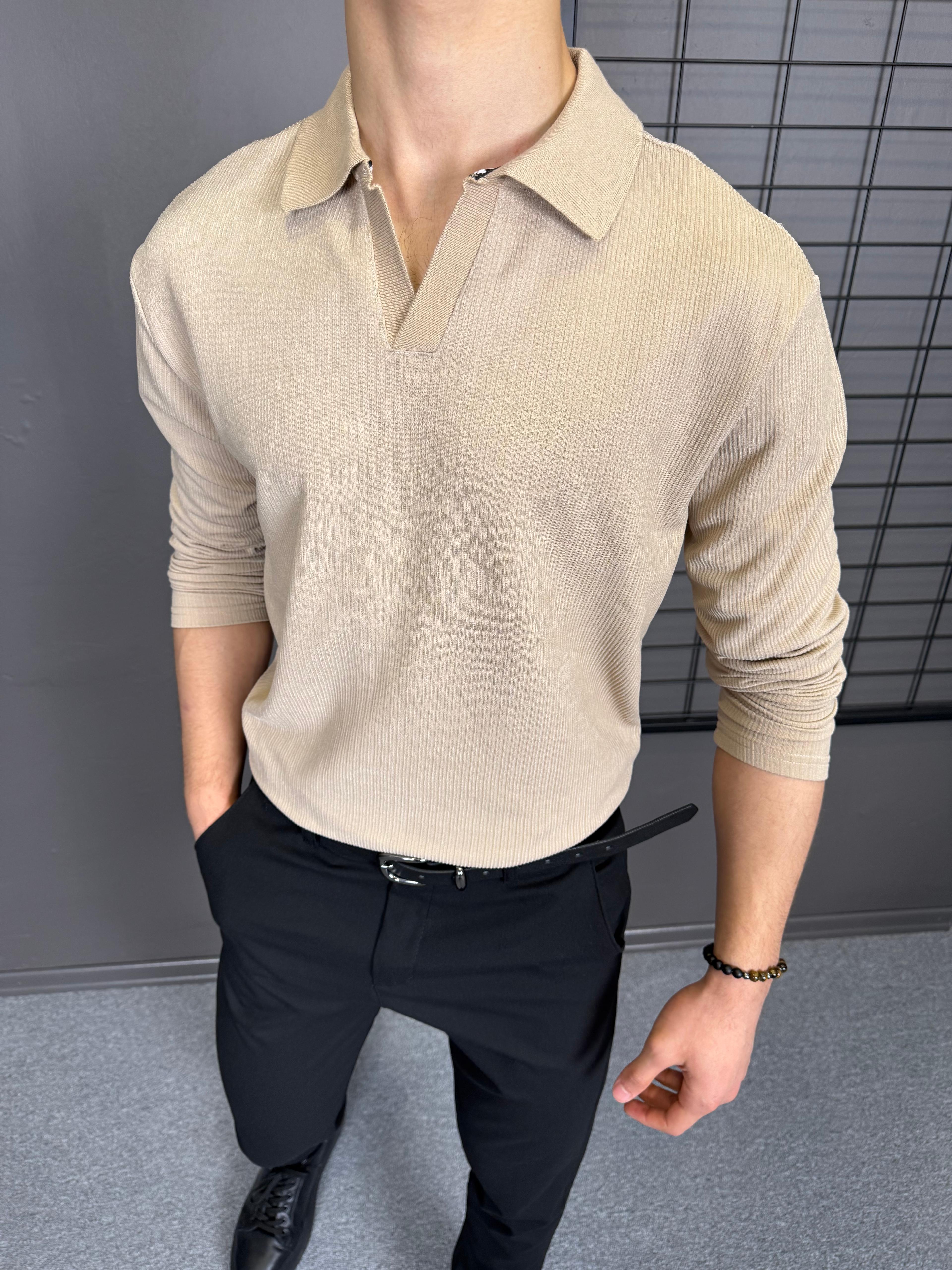 Pamuk Örme Fitil Detaylı Polo Yaka Sweatshirt