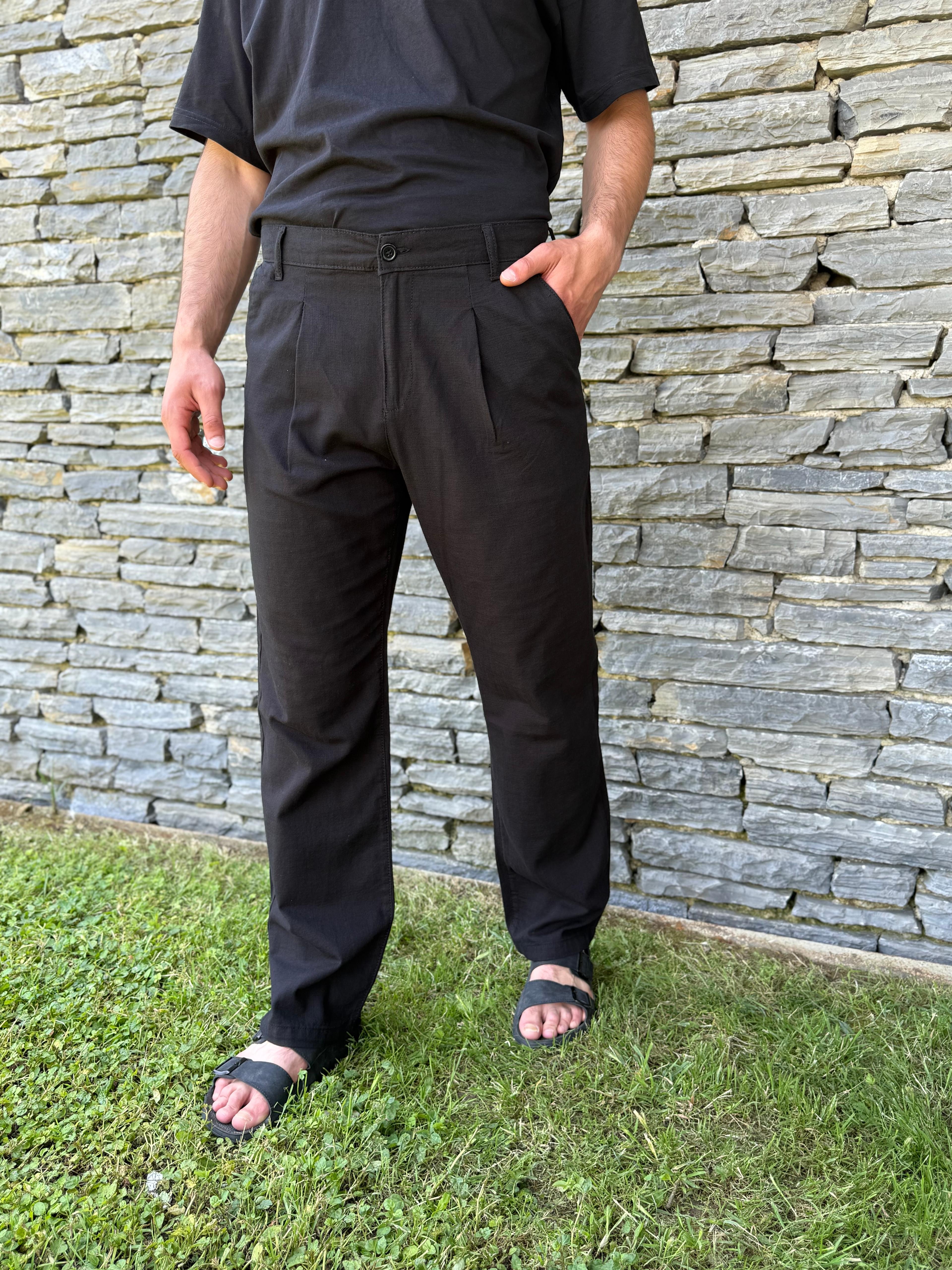 Erkek Pile Detaylı, Baggy (Yazlık) Keten Pantolon - Siyah