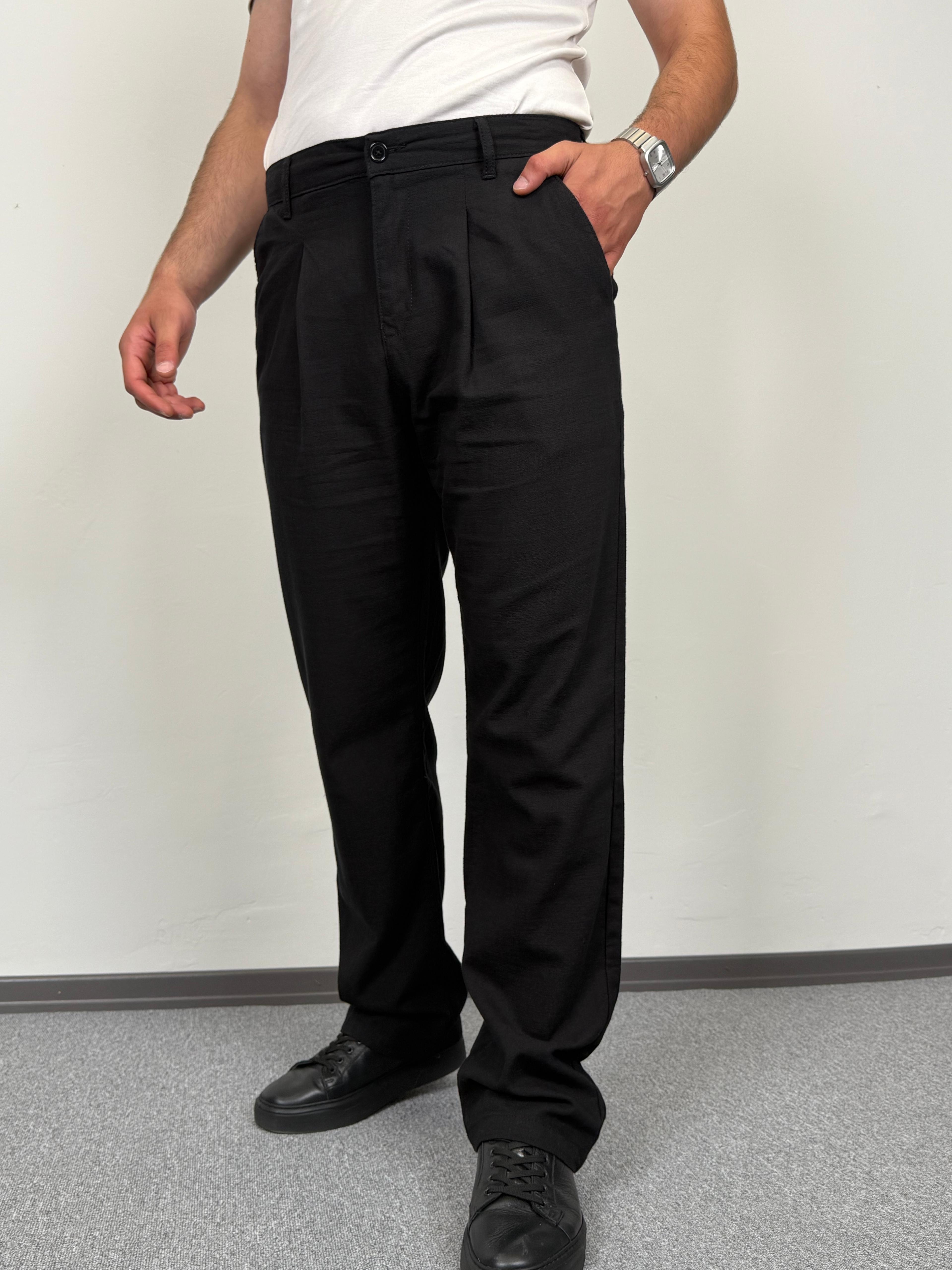 Erkek Pile Detaylı, Baggy (Yazlık) Keten Pantolon - Siyah