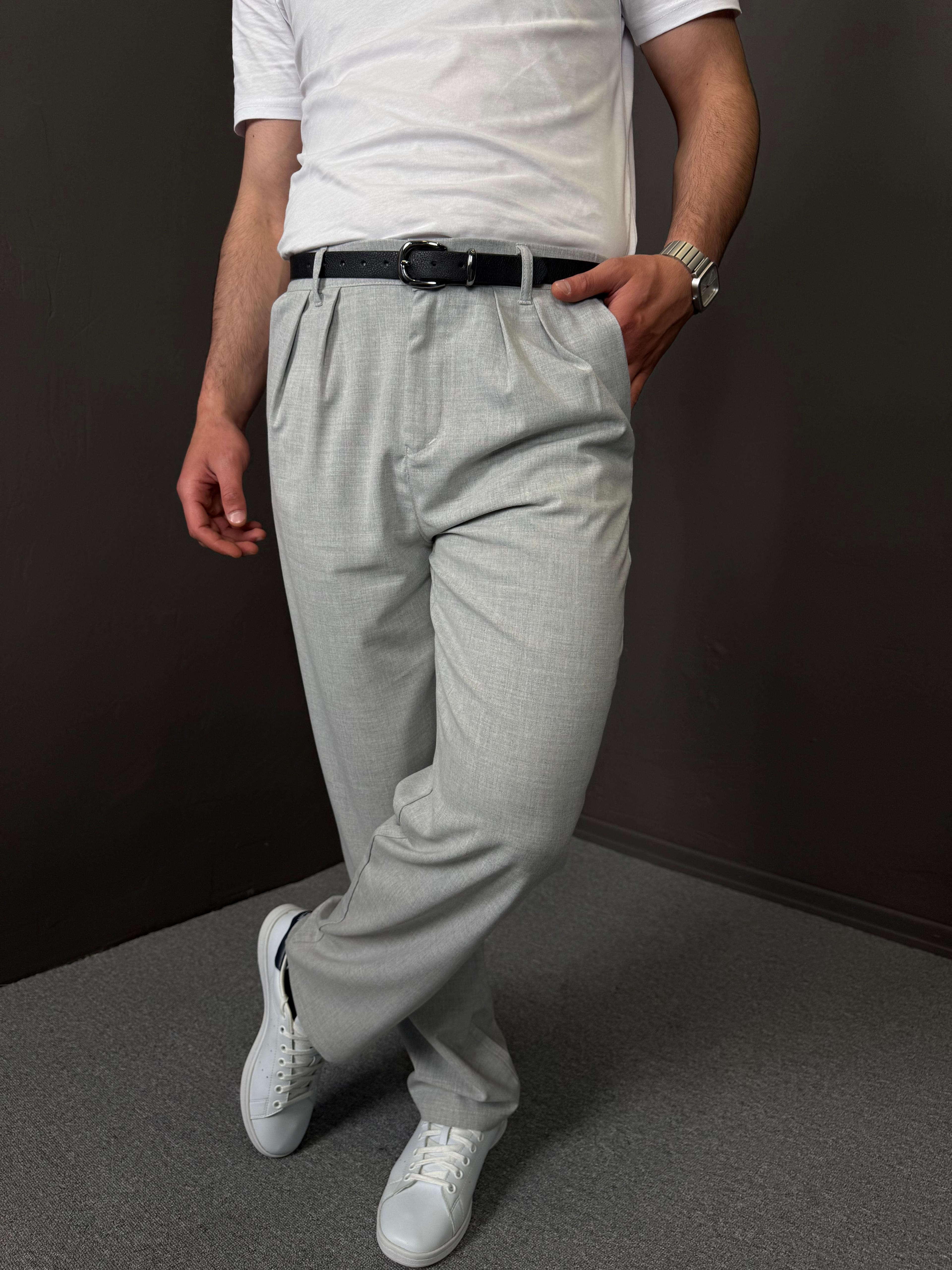 Pileli Relax Fit Kumaş Pantolon - Gri