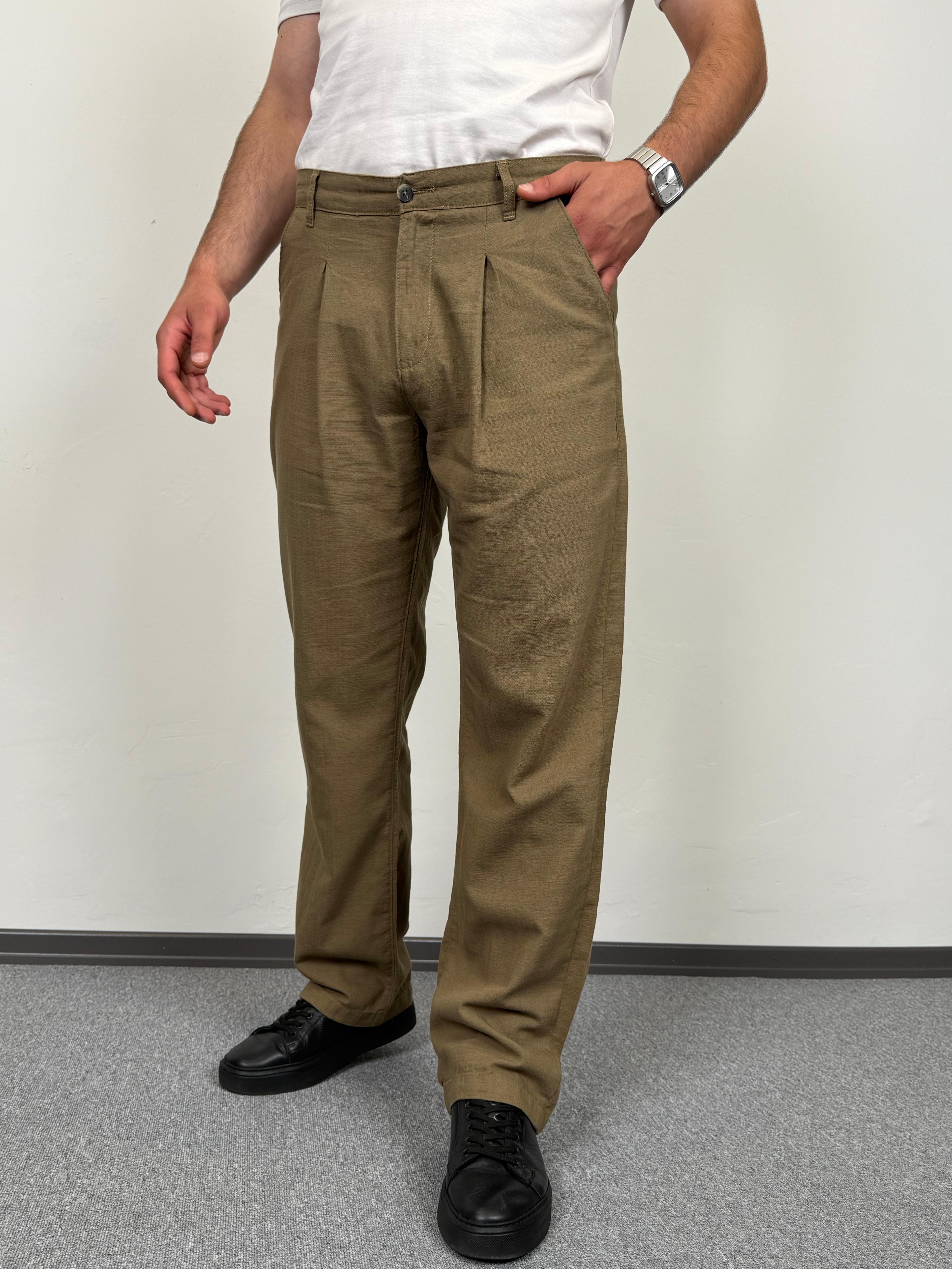 Erkek Pile Detaylı, Baggy (Yazlık) Keten Pantolon - Toprak
