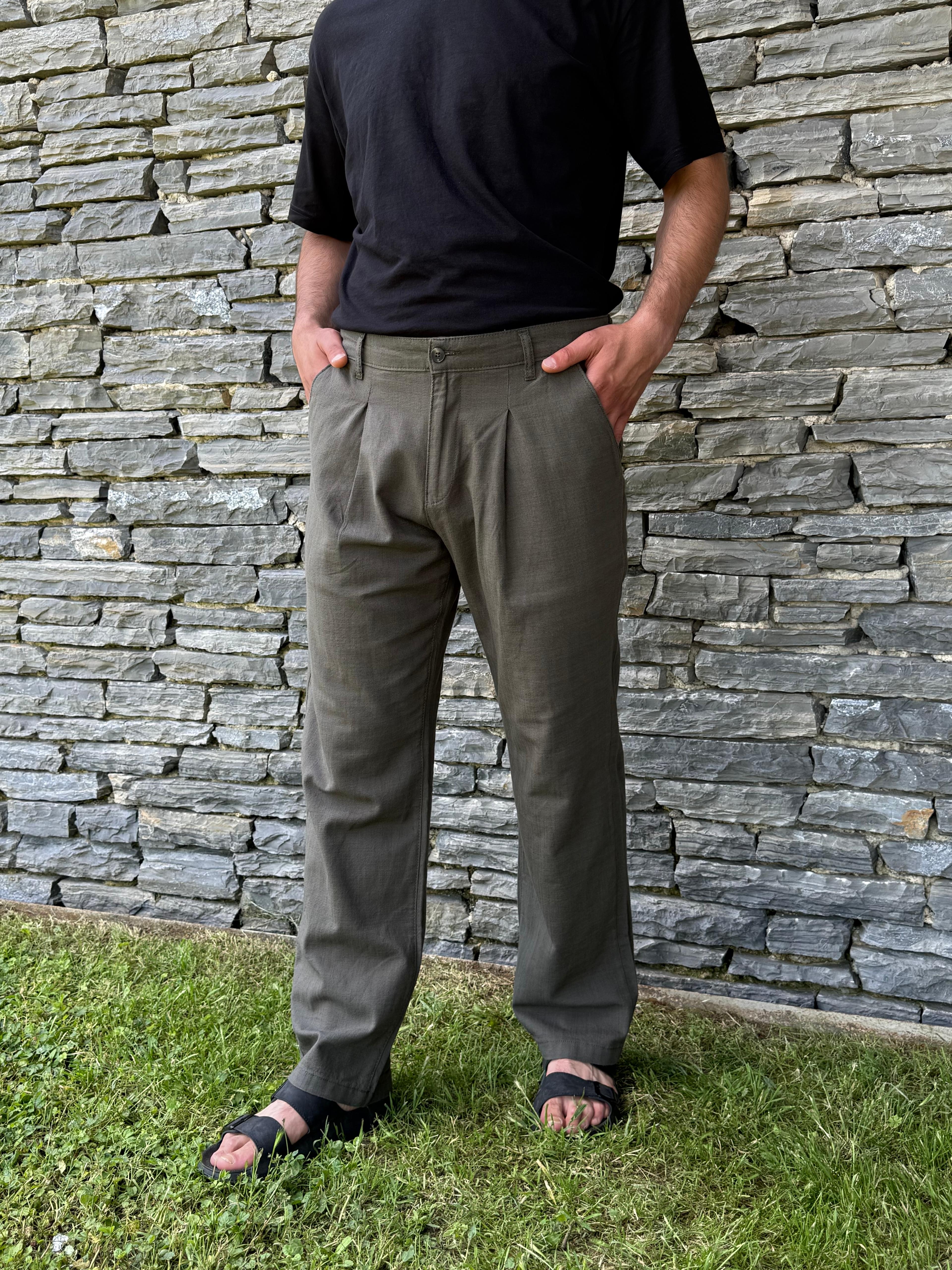 Erkek Pile Detaylı, Baggy (Yazlık) Keten Pantolon - Haki