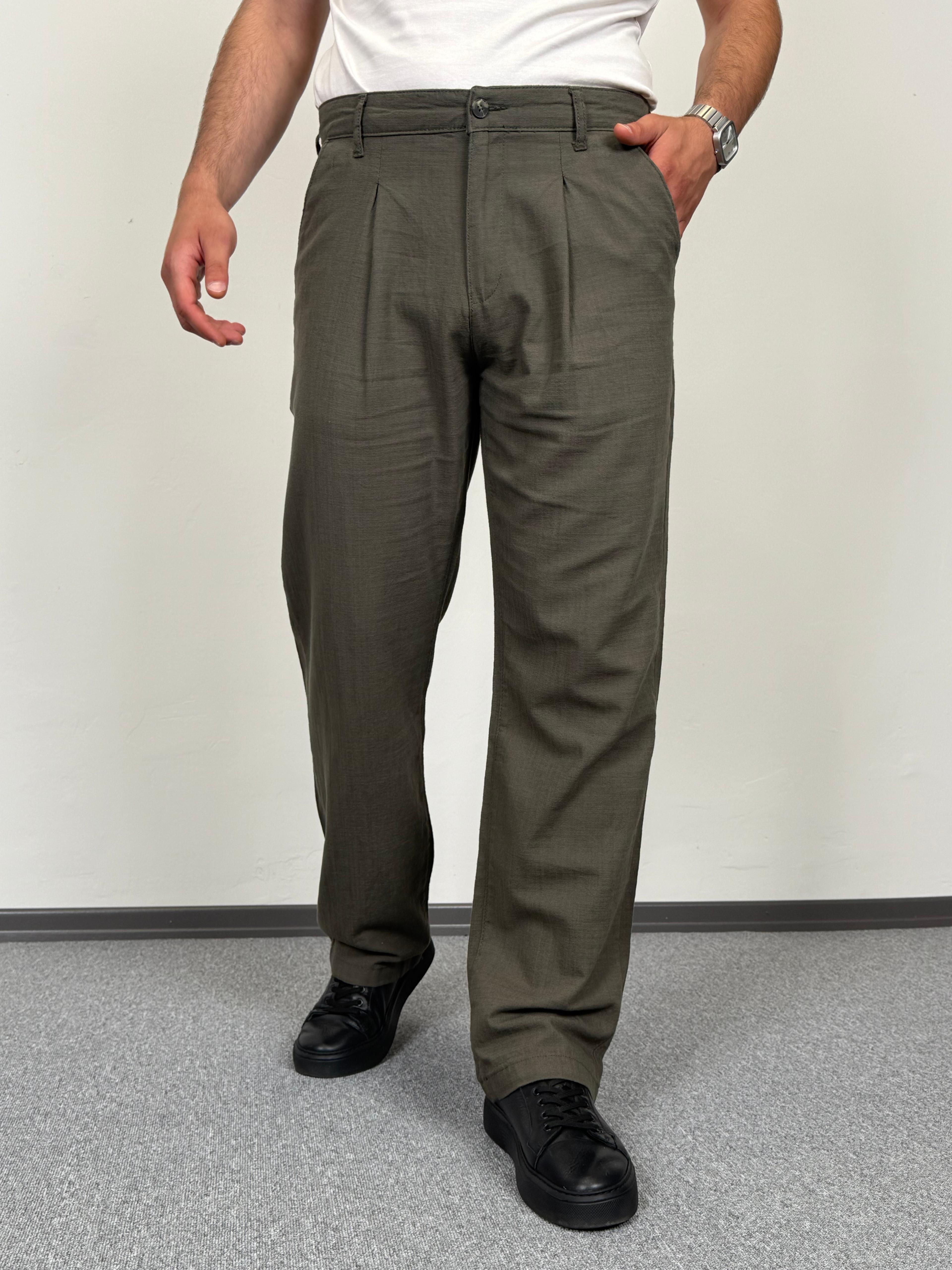 Erkek Pile Detaylı, Baggy (Yazlık) Keten Pantolon - Haki