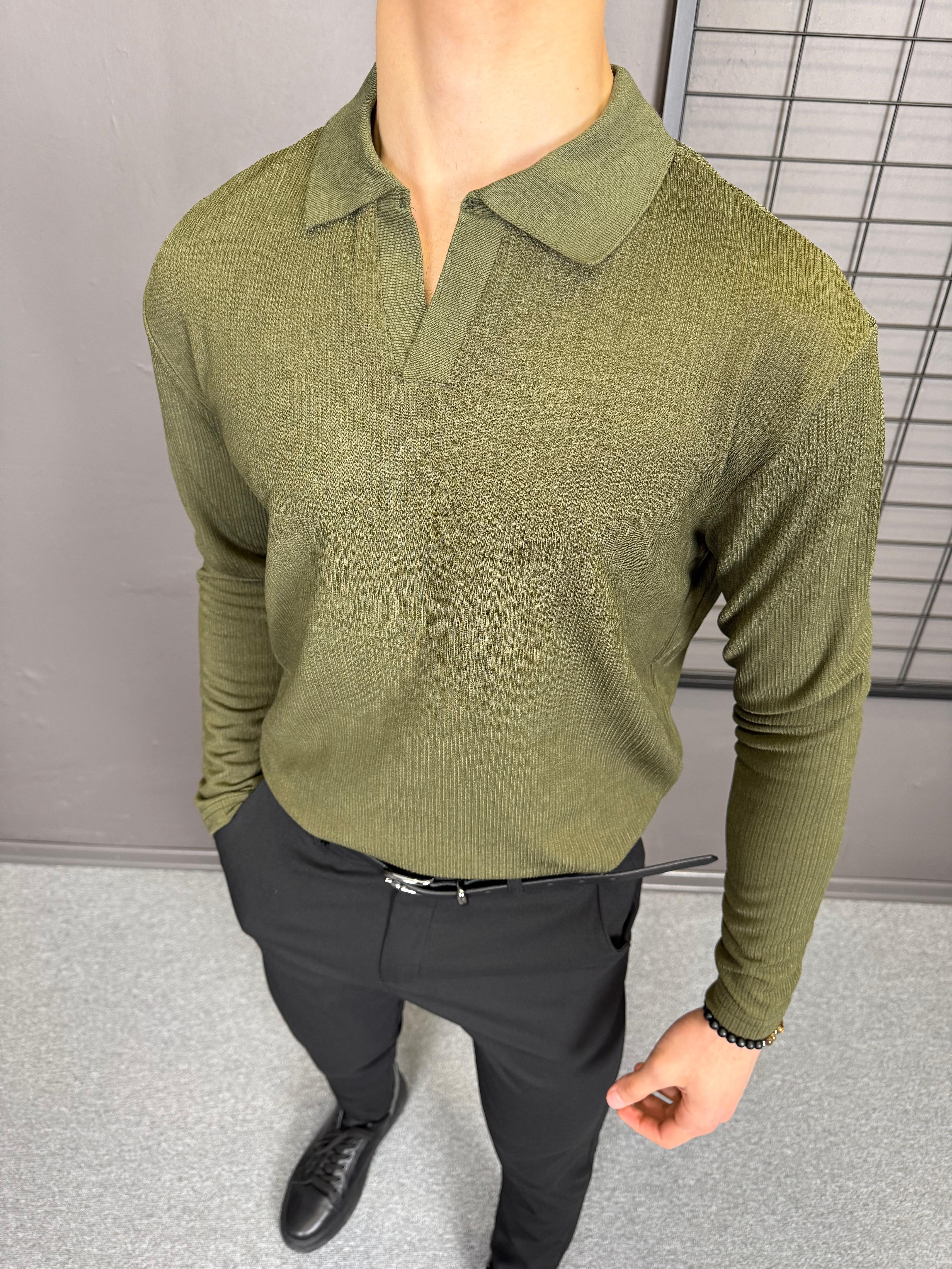 Pamuk Örme Fitil Detaylı Polo Yaka Sweatshirt