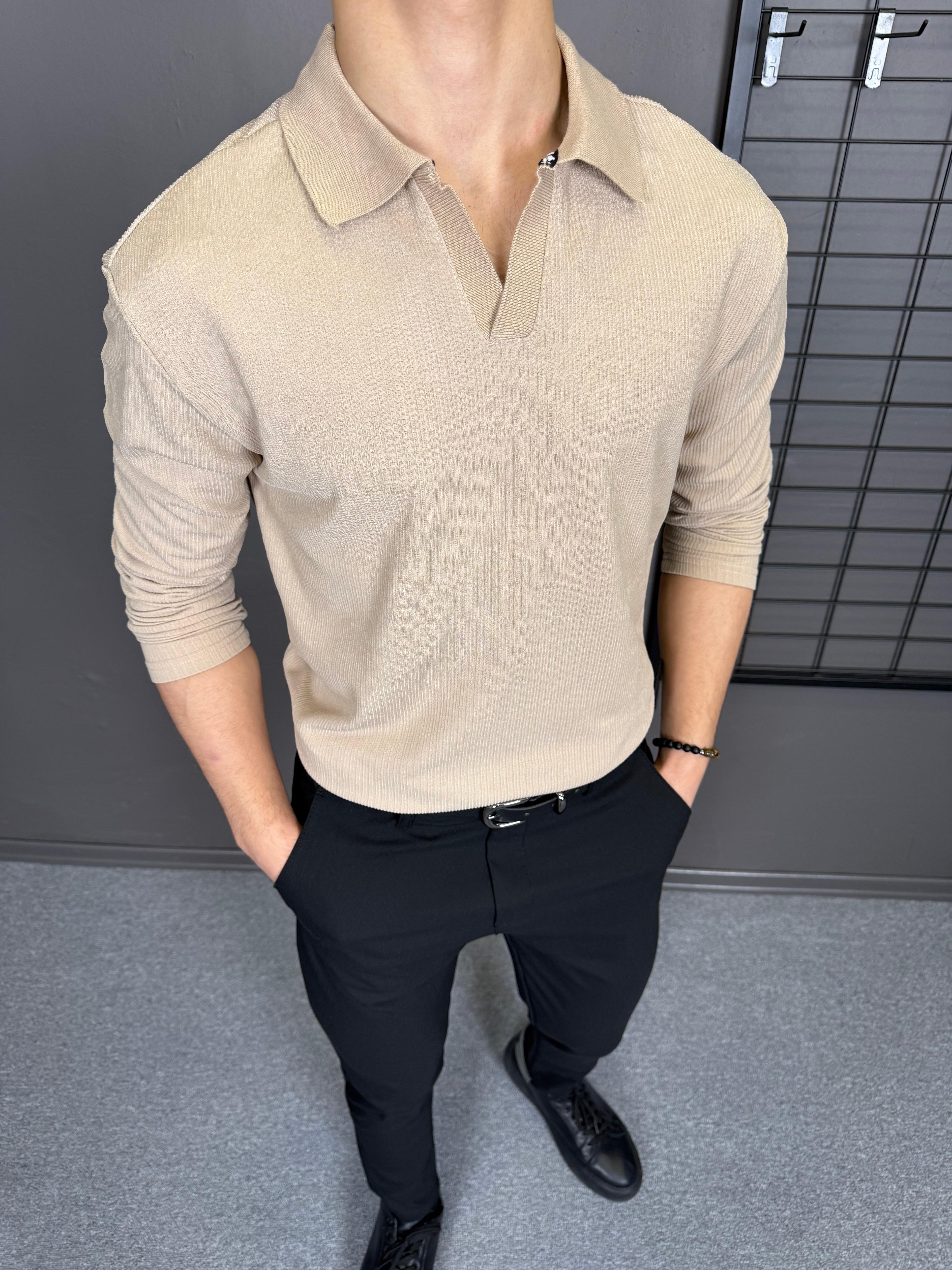 Pamuk Örme Fitil Detaylı Polo Yaka Sweatshirt