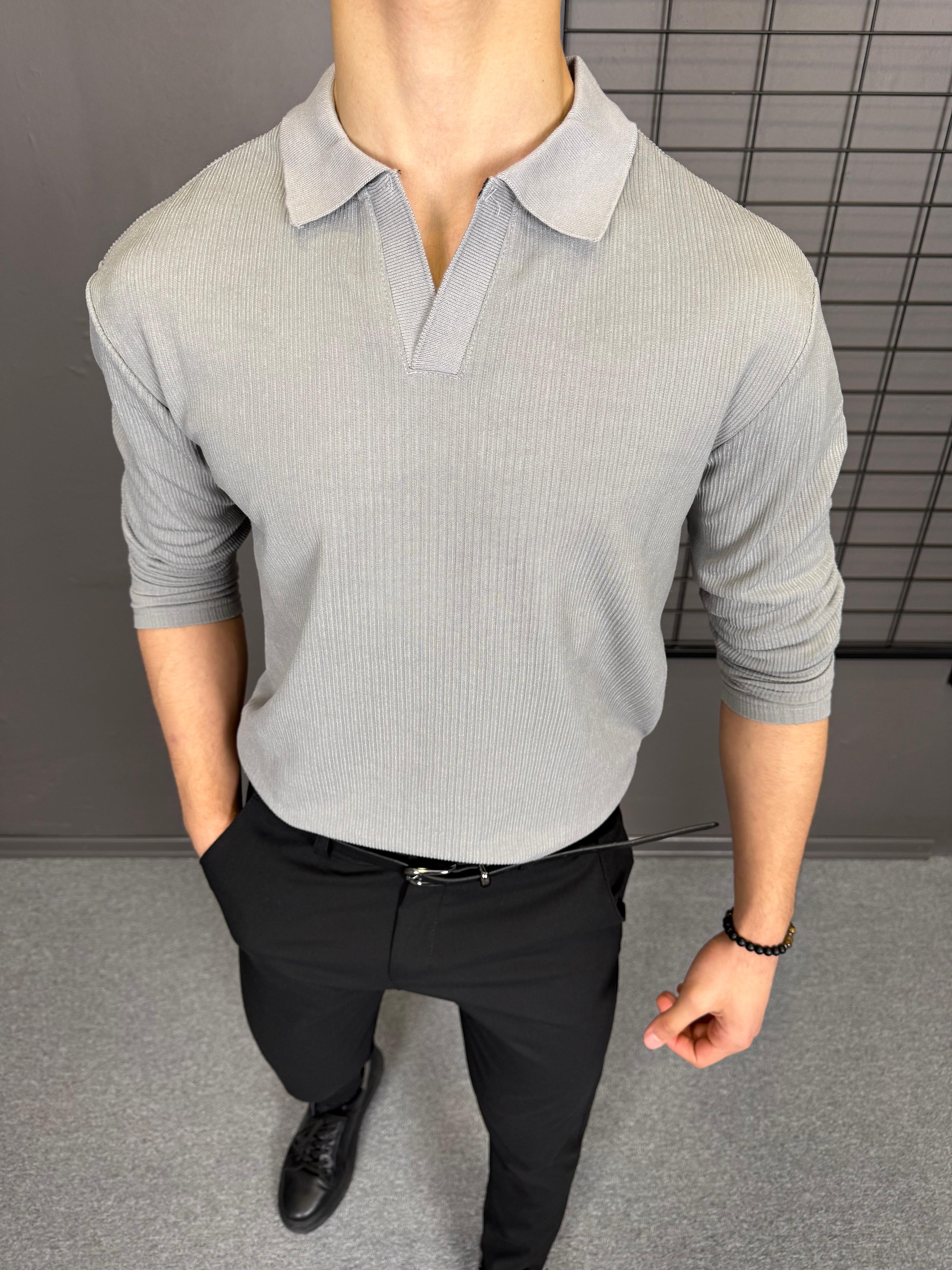 Pamuk Örme Fitil Detaylı Polo Yaka Sweatshirt