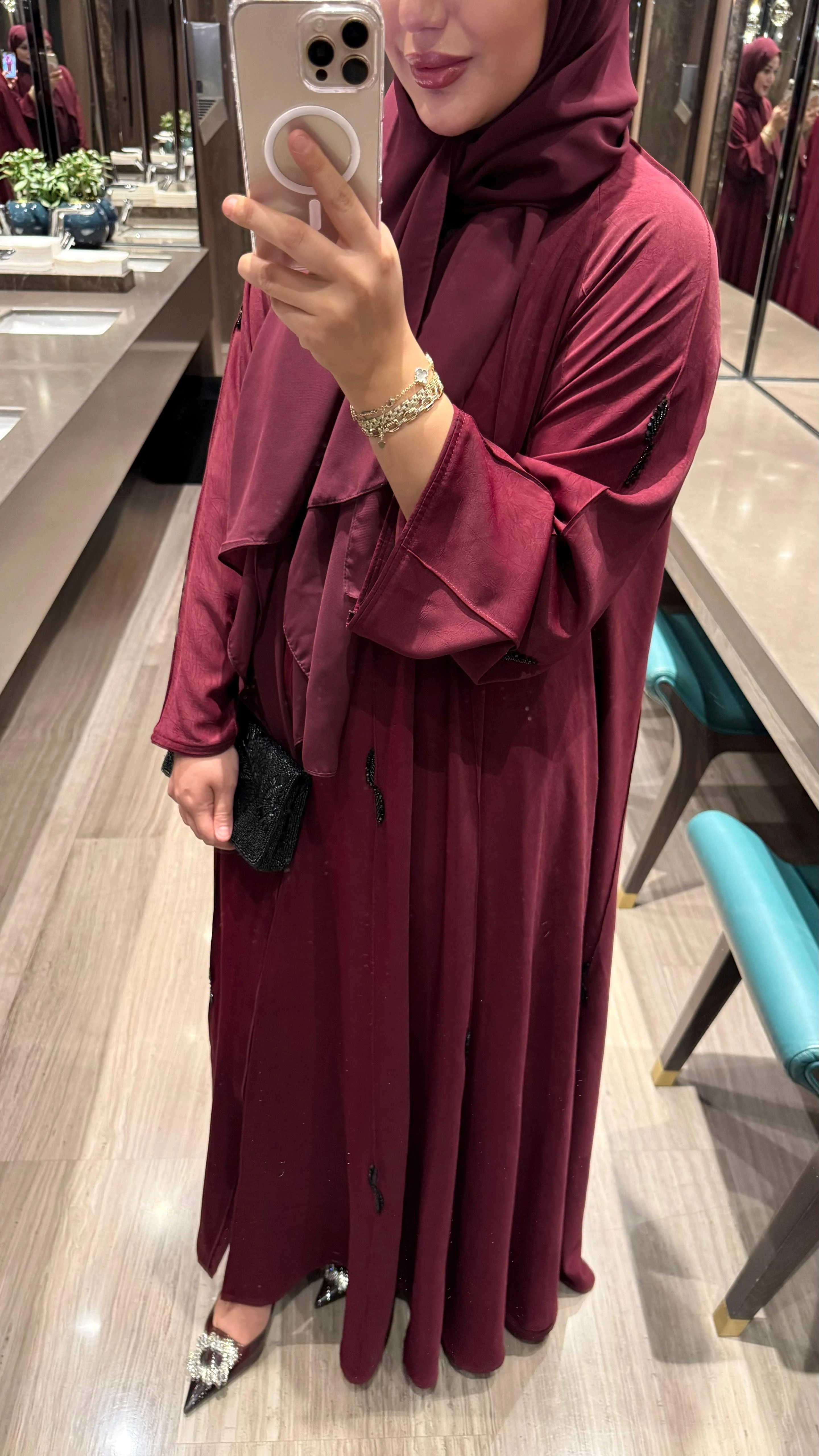 Taş İşlemeli Noire Abaya Bordo