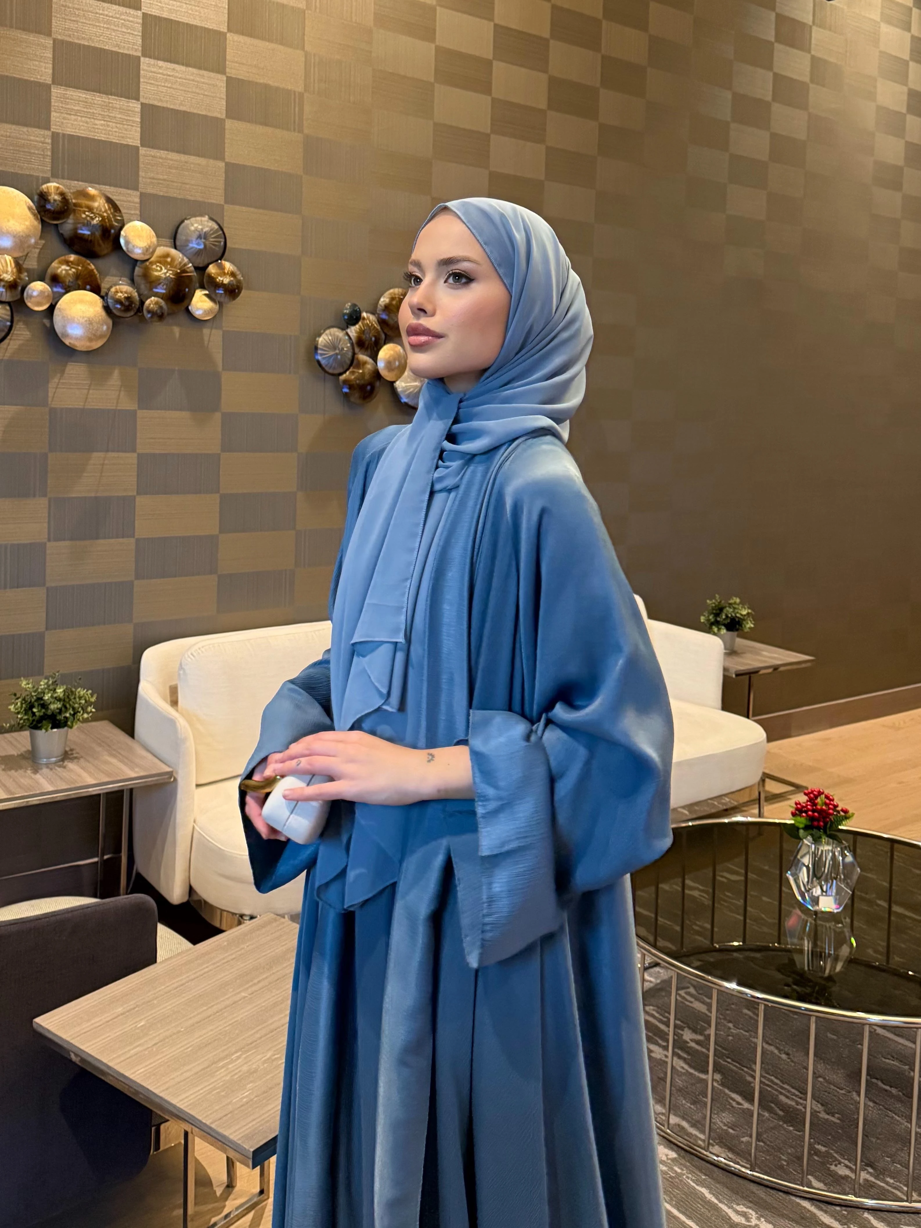 Shamal Abaya Üçlü Set İndigo 