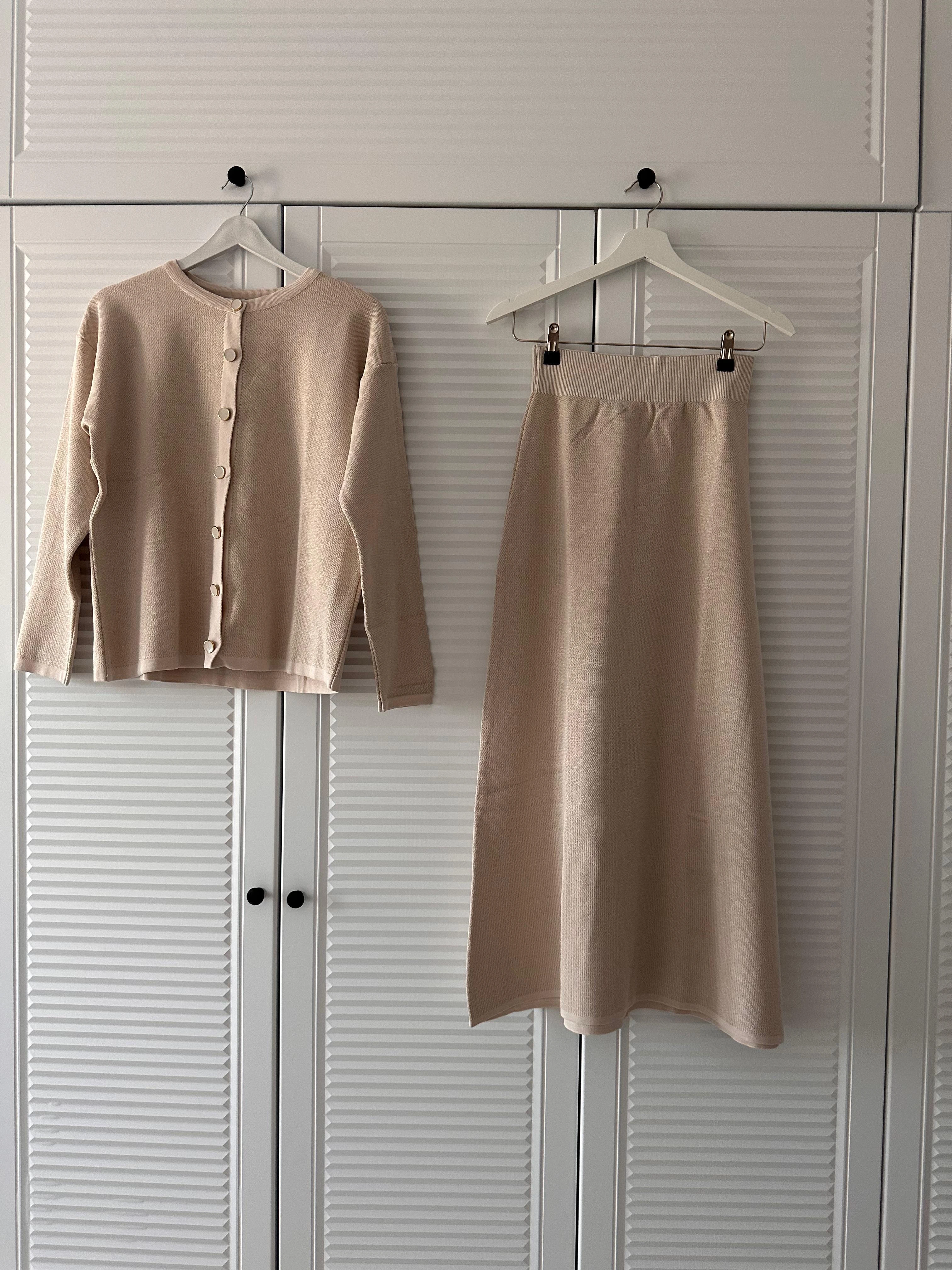 Simli Triko Takım Bej 