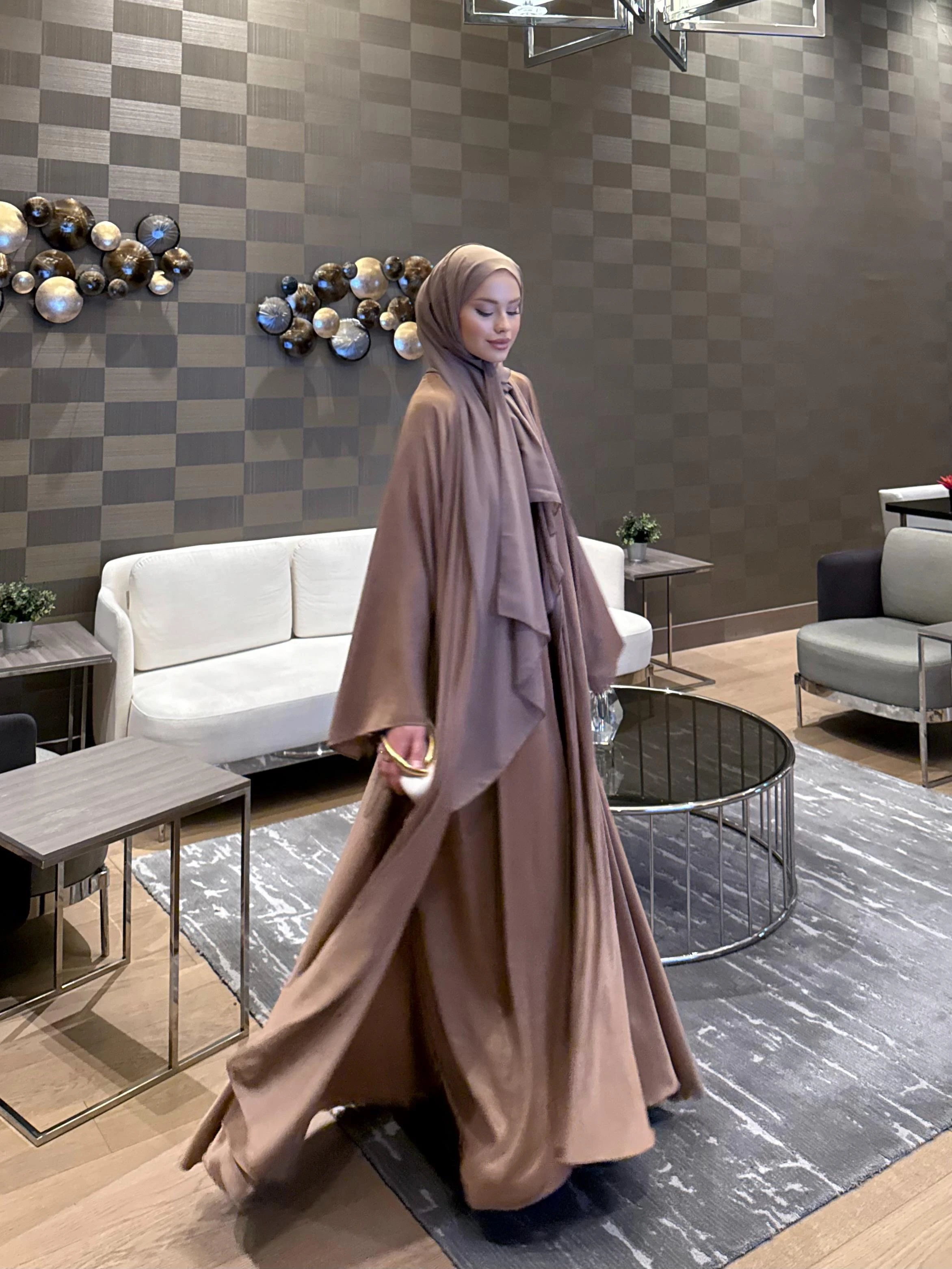 Shamal Abaya Üçlü Set Latte