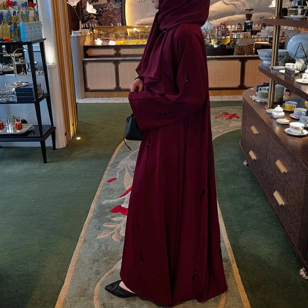 Taş İşlemeli Noire Abaya Bordo