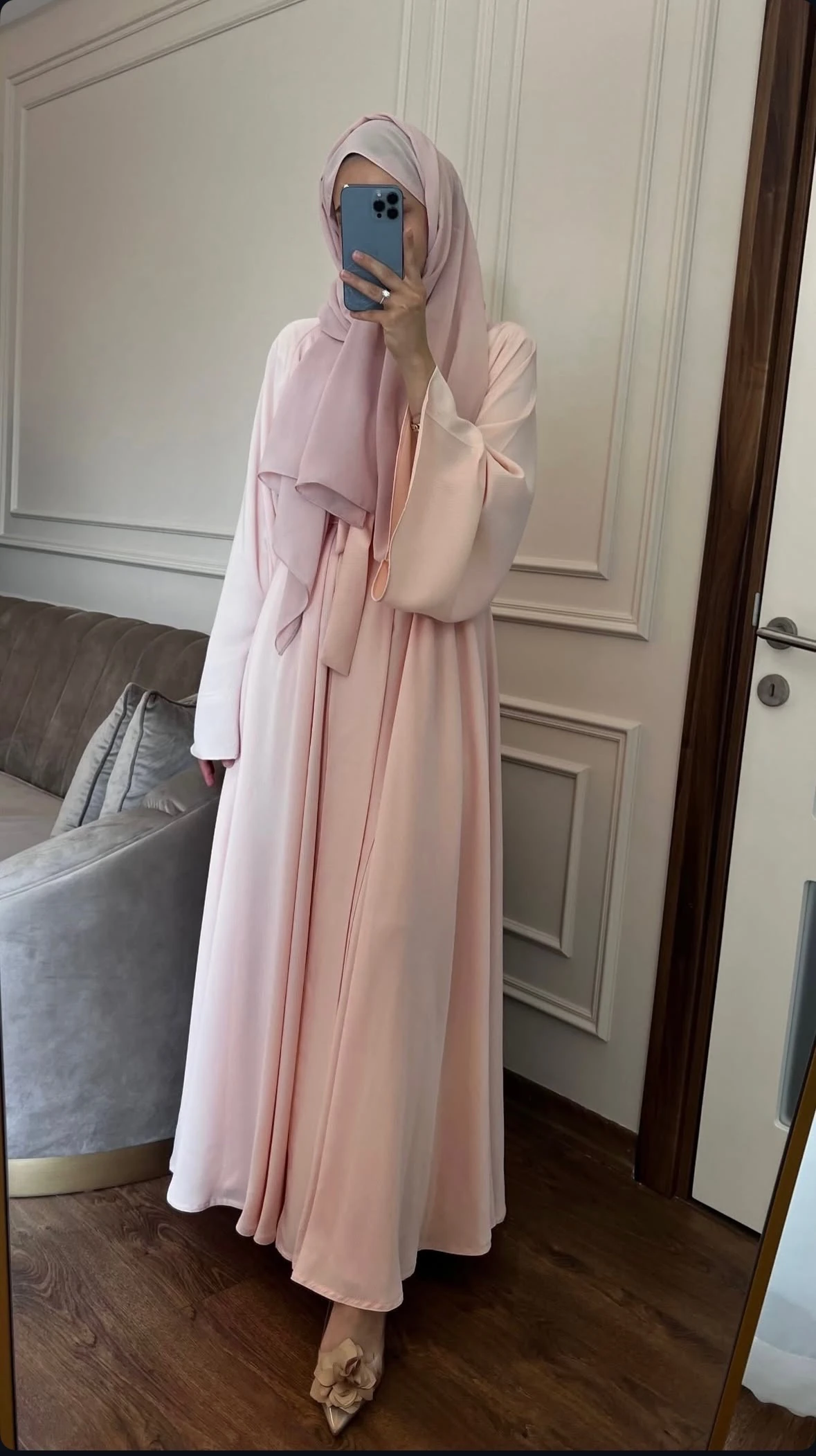 Shamal Abaya Üçlü Set Soft Pembe 