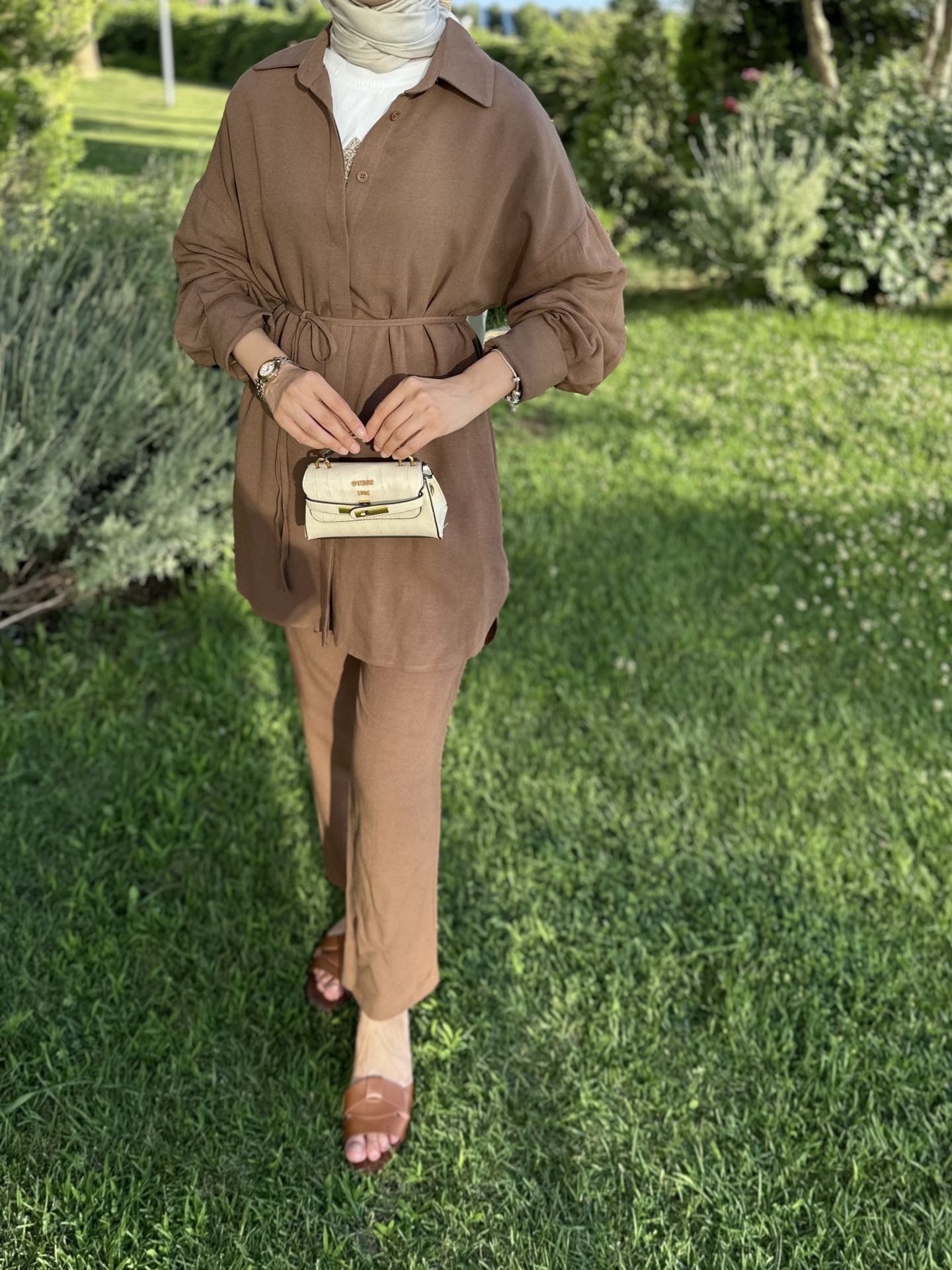 Keten Pantolon Tunik Set Espresso