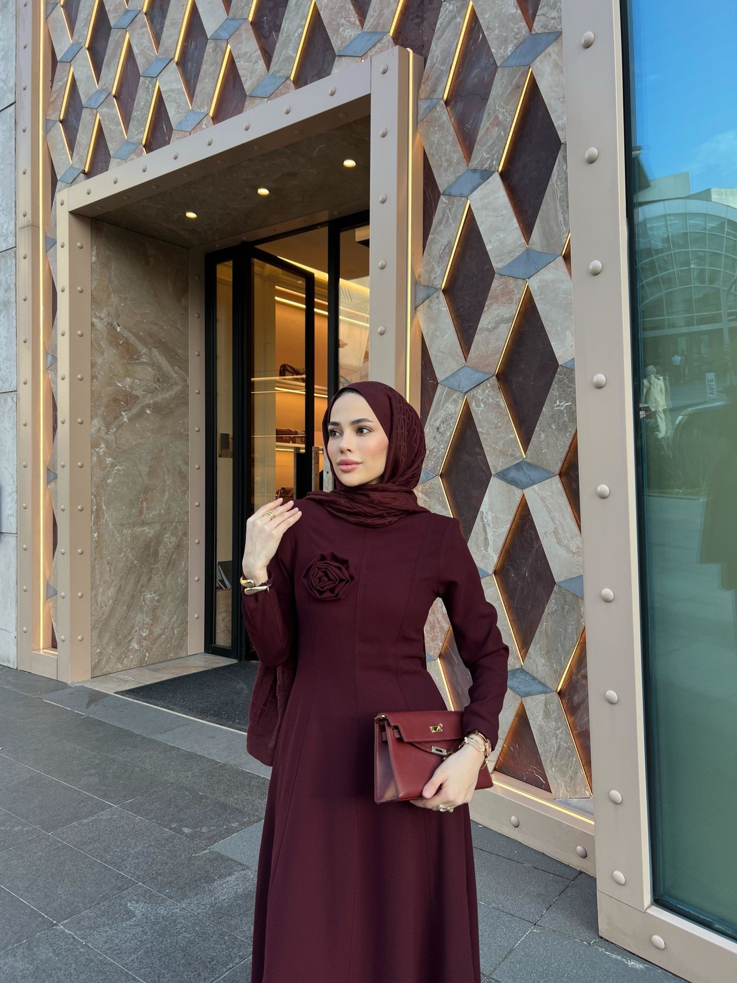 Parçalı Roza Elbise Bordo