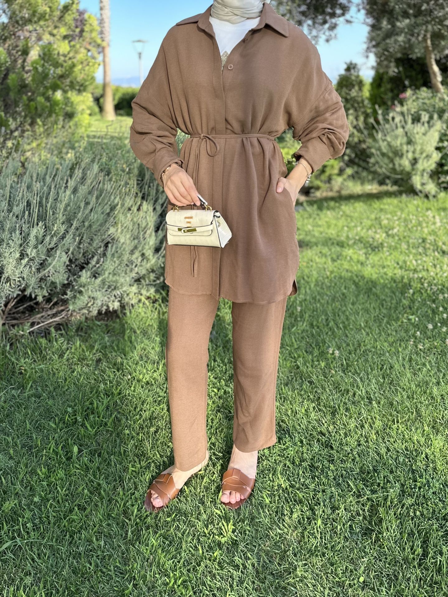 Keten Pantolon Tunik Set Espresso