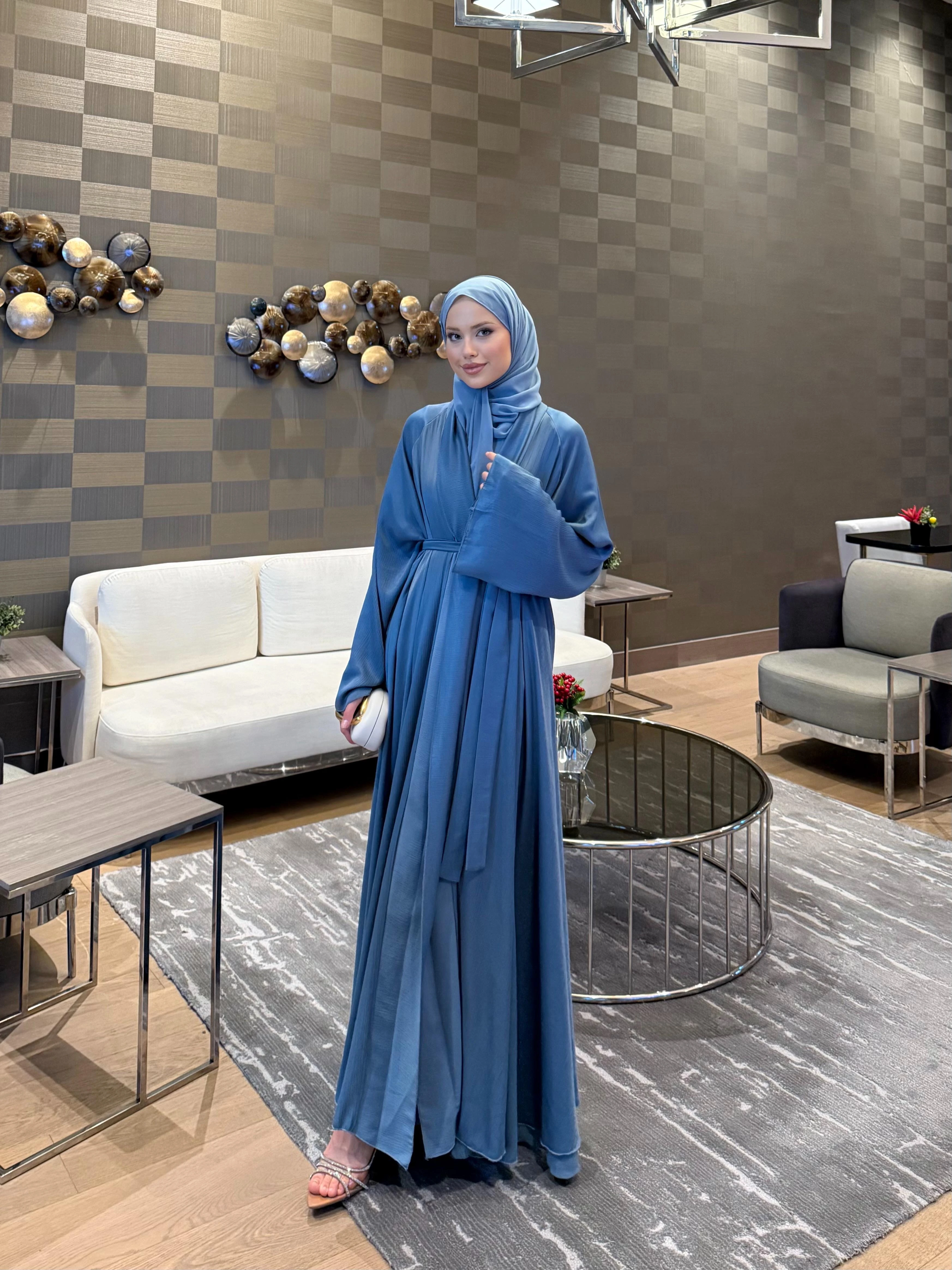 Shamal Abaya Üçlü Set İndigo 