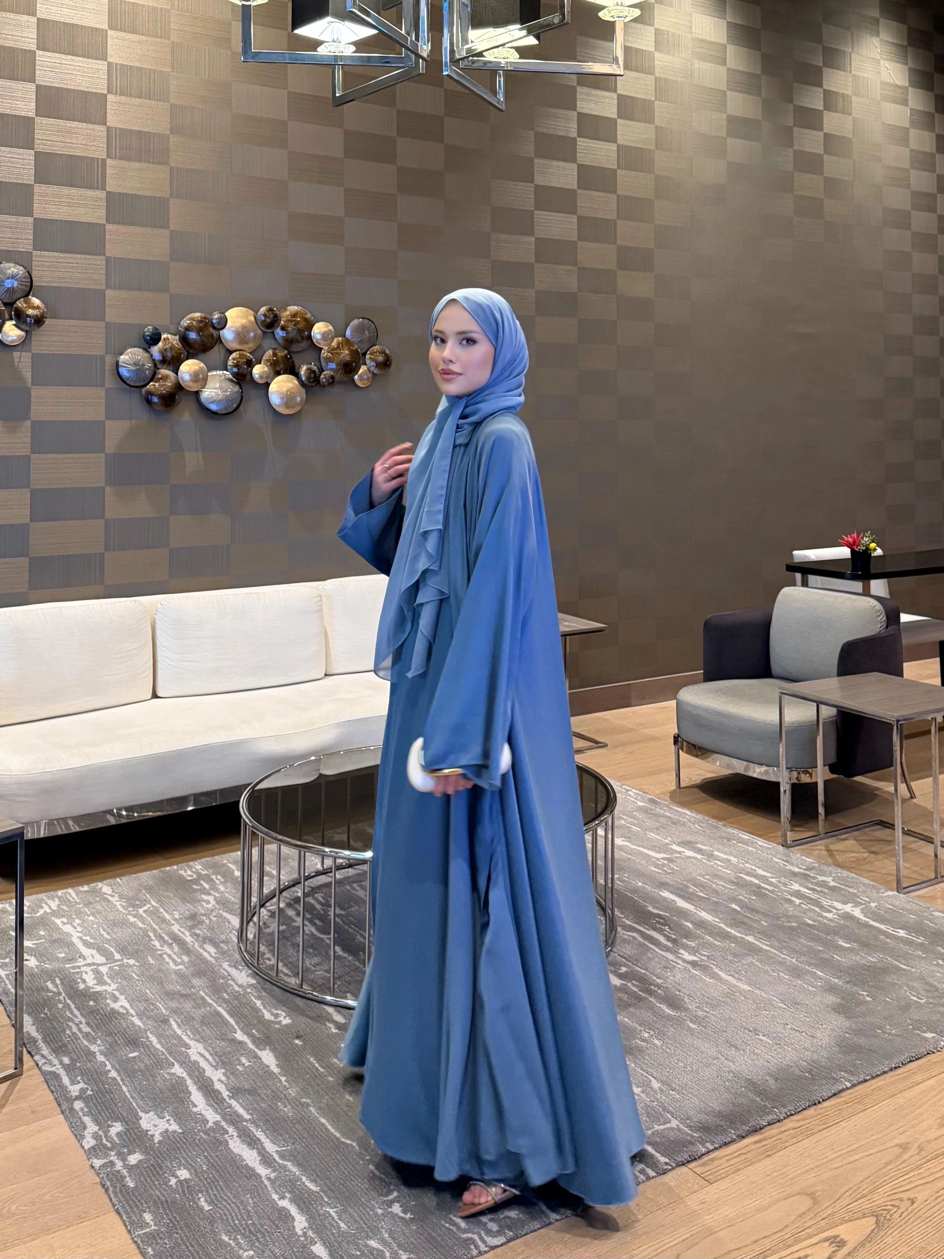 Shamal Abaya Üçlü Set İndigo 