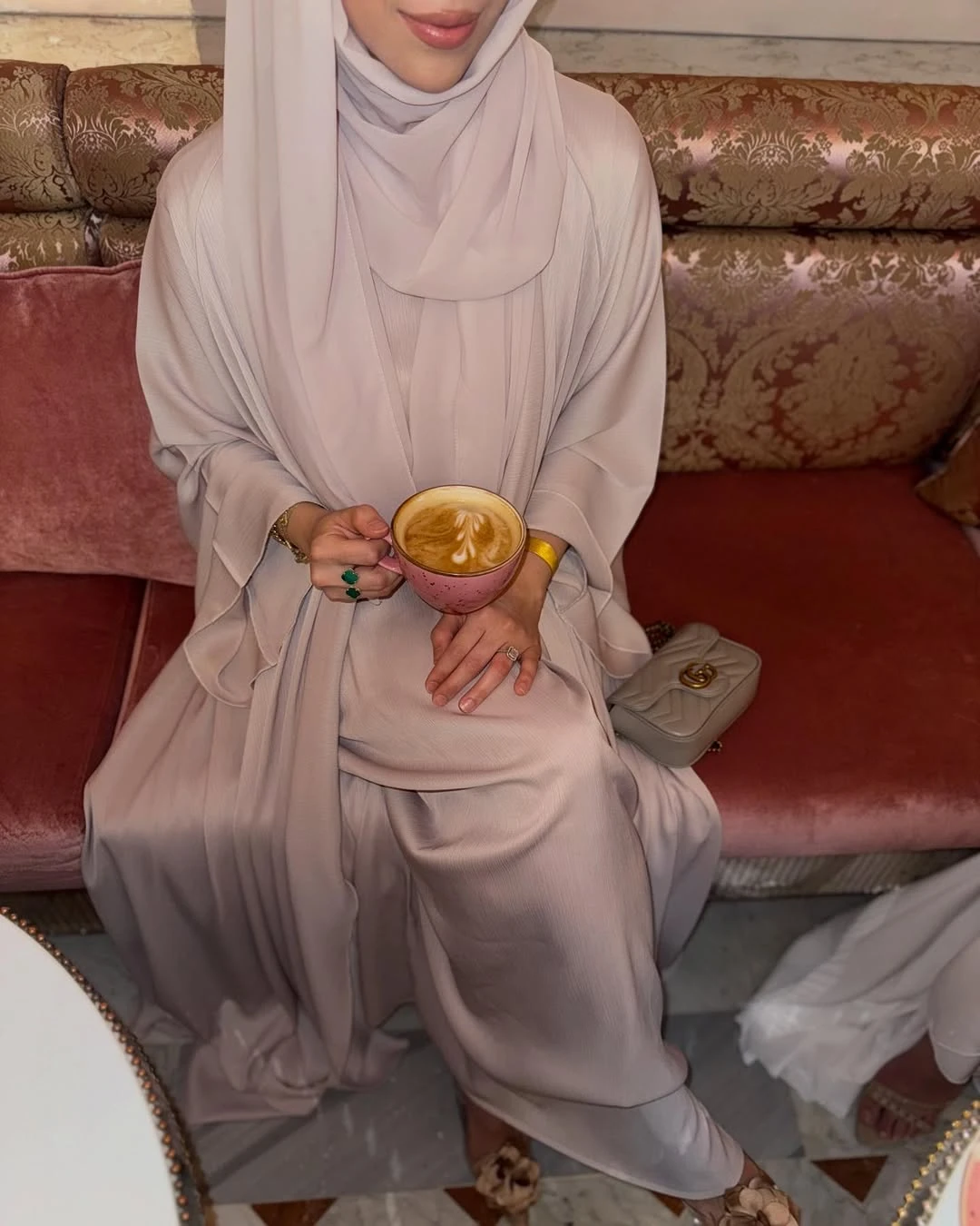 Shamal Abaya Üçlü Set Soft Pembe 