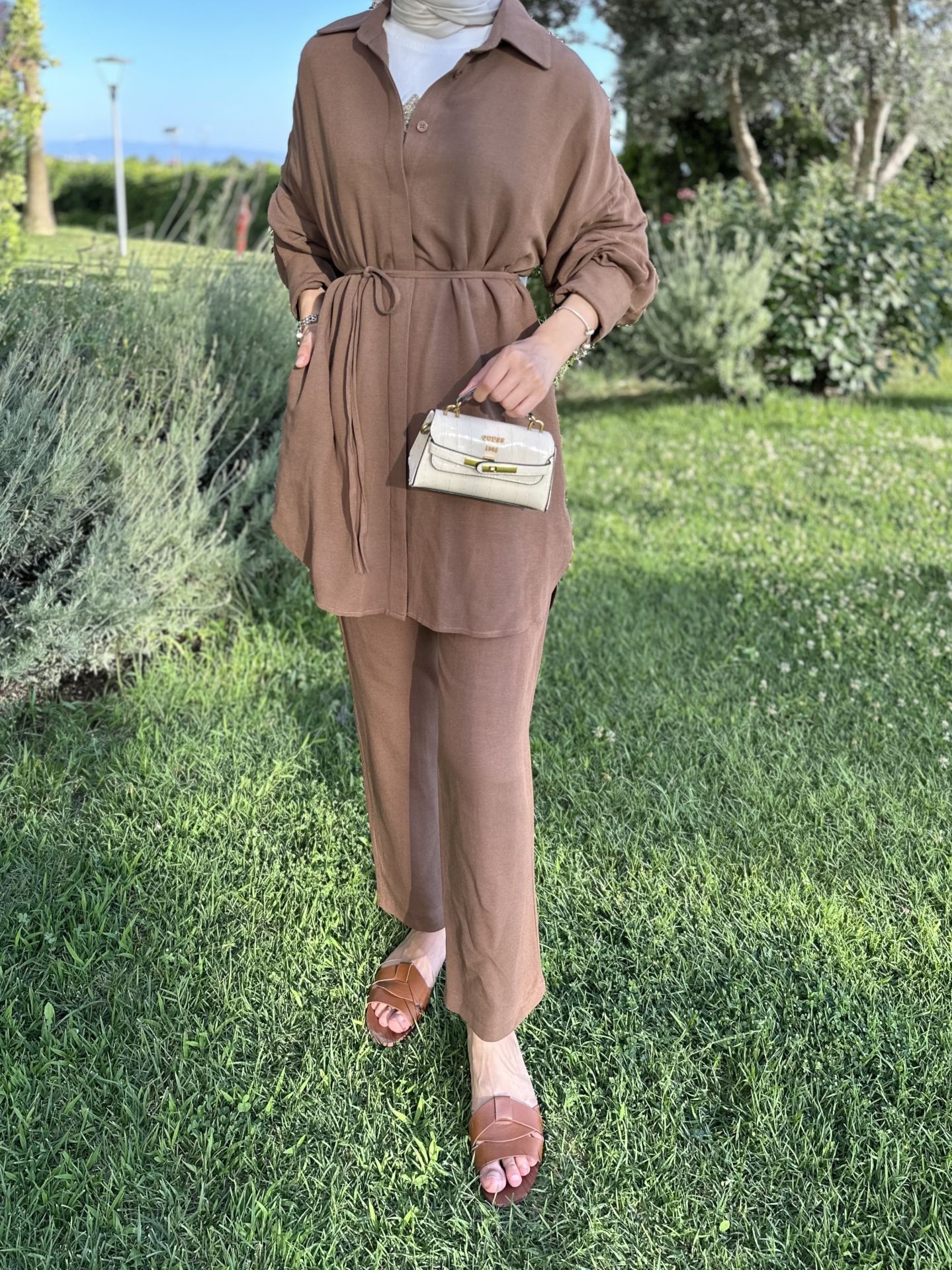 Keten Pantolon Tunik Set Espresso
