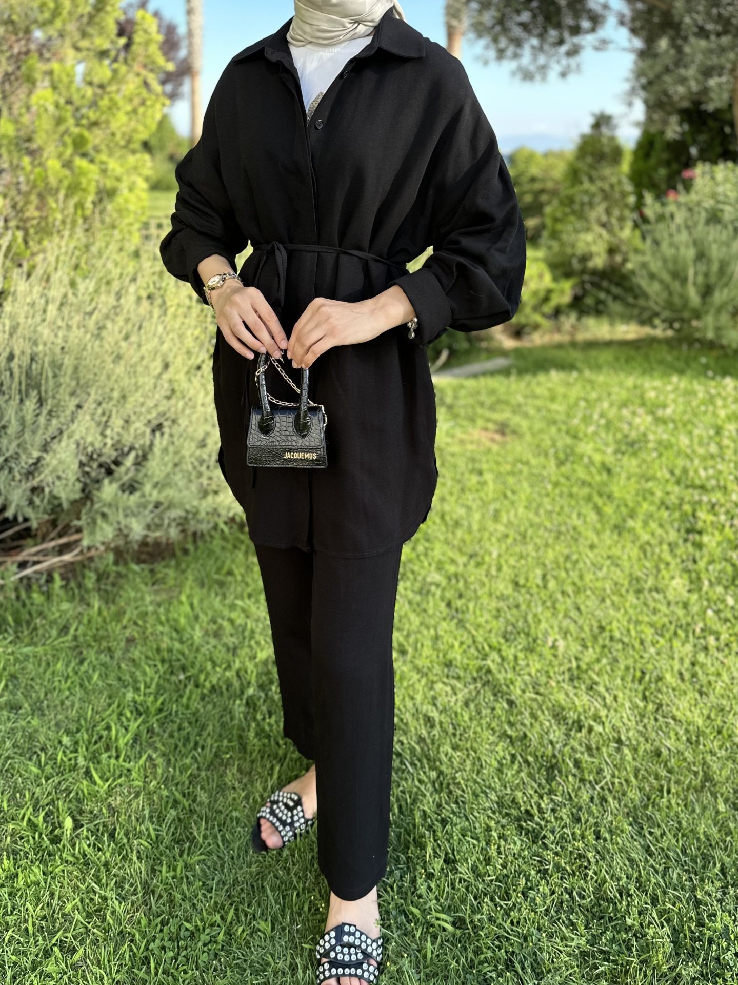 Keten Pantolon Tunik Set Siyah