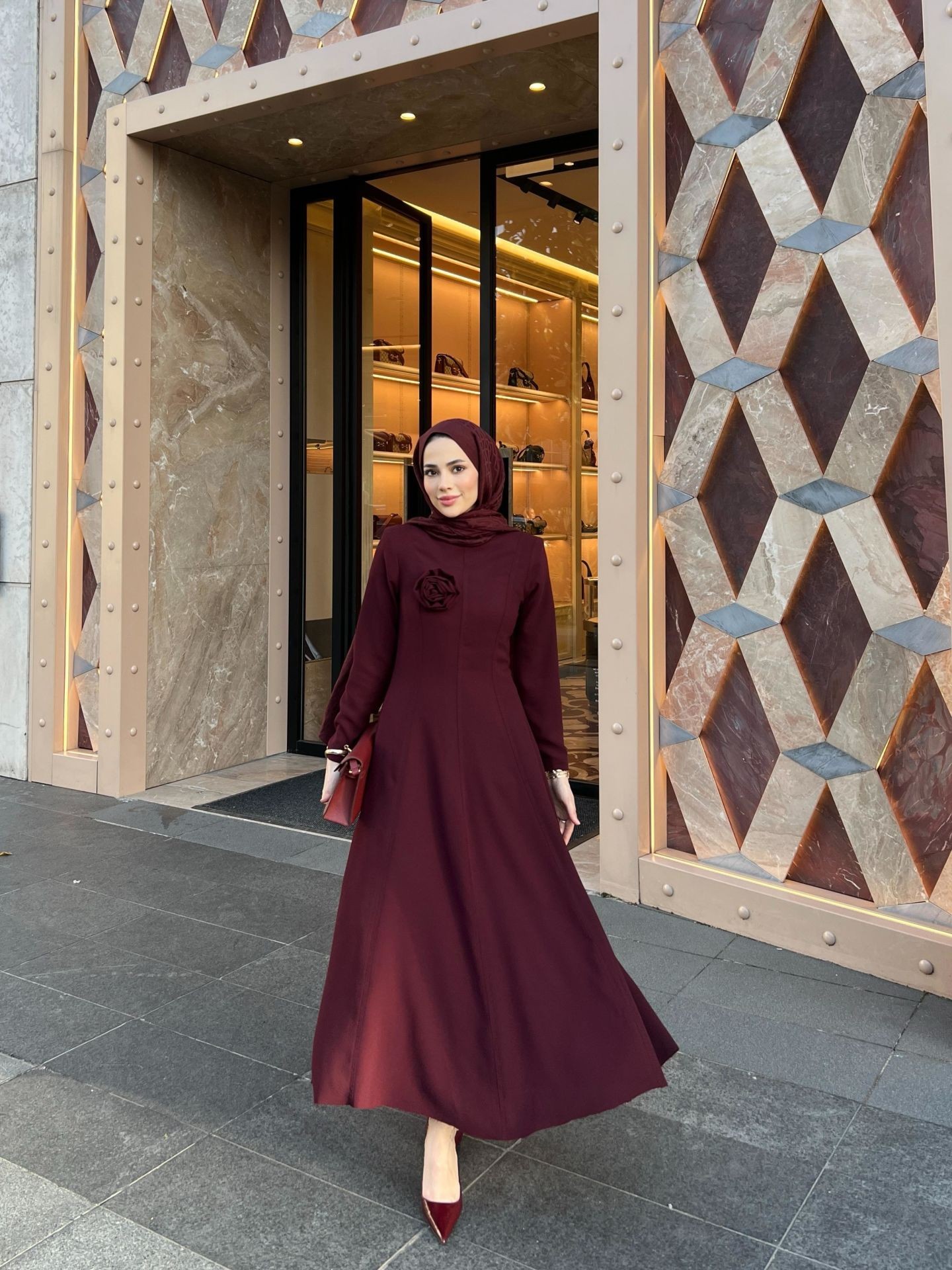 Parçalı Roza Elbise Bordo