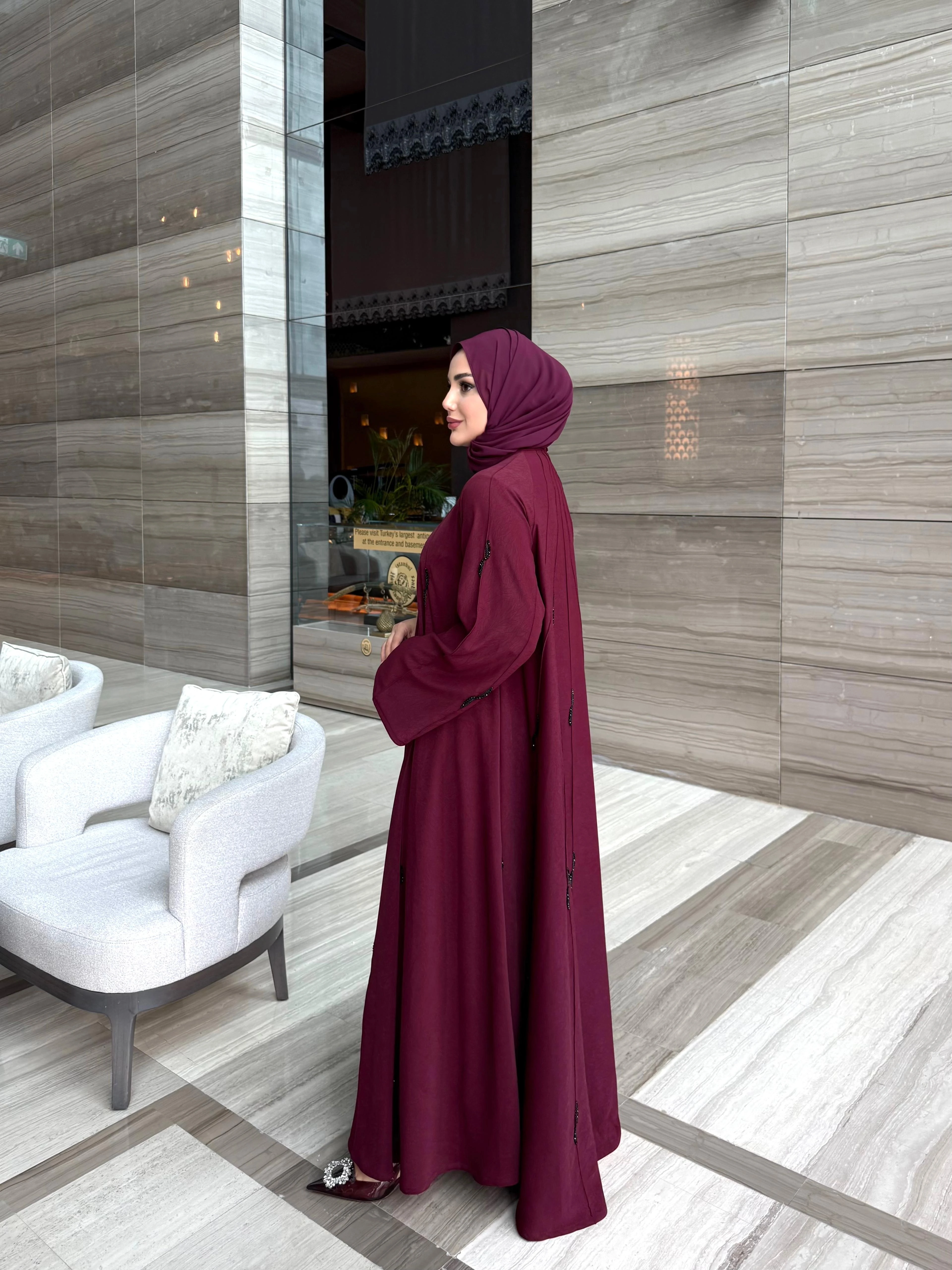 Taş İşlemeli Noire Abaya Bordo
