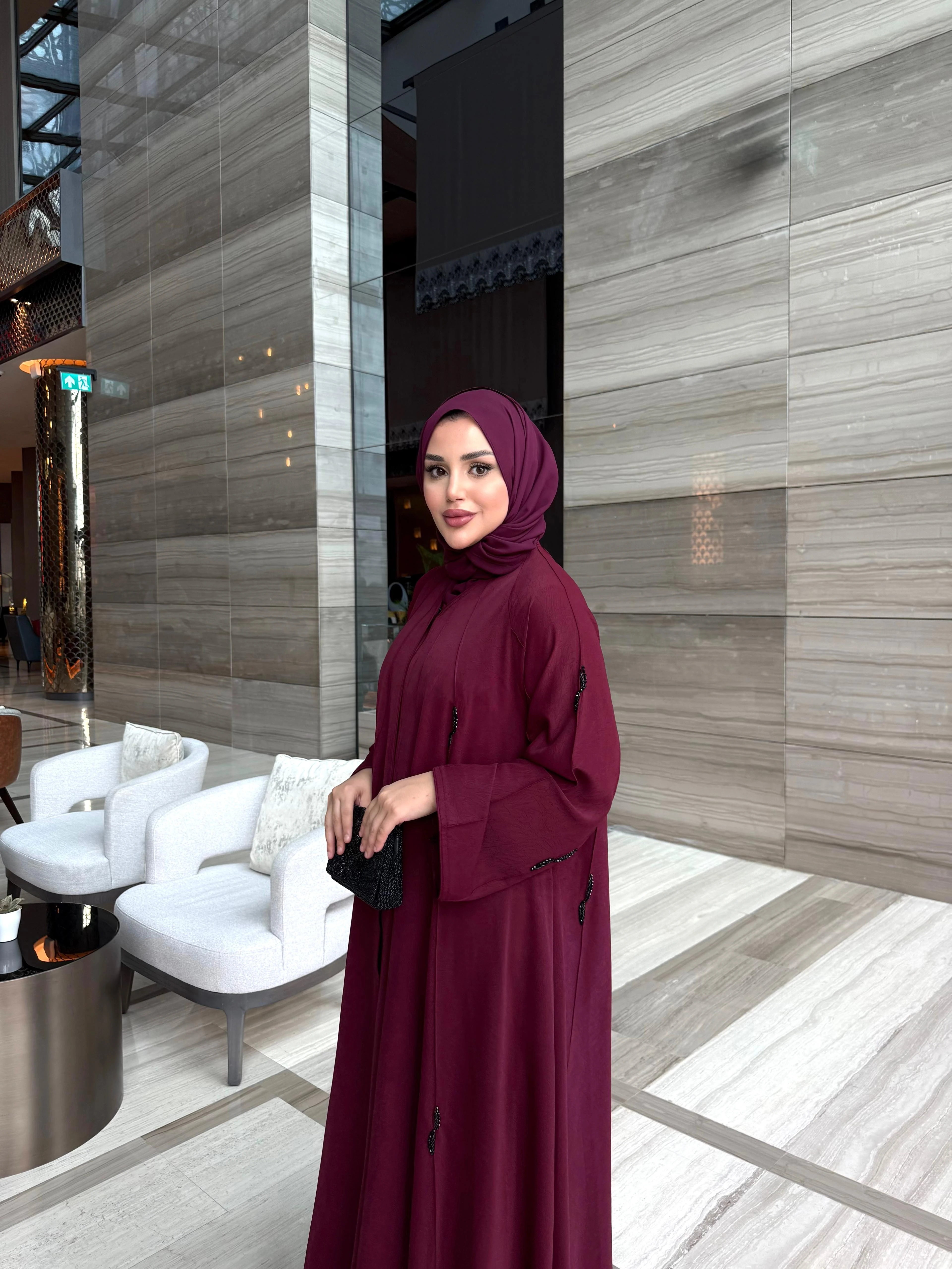 Taş İşlemeli Noire Abaya Bordo