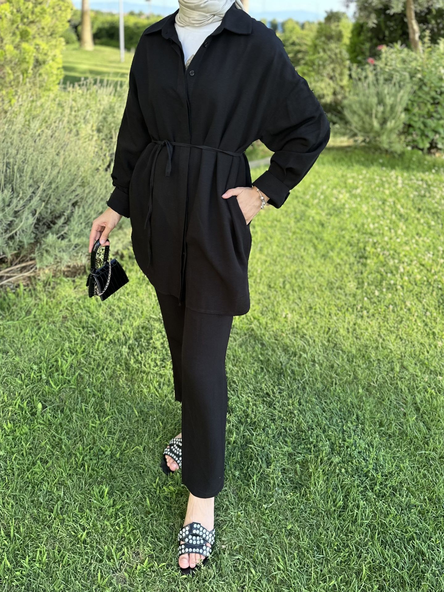 Keten Pantolon Tunik Set Siyah