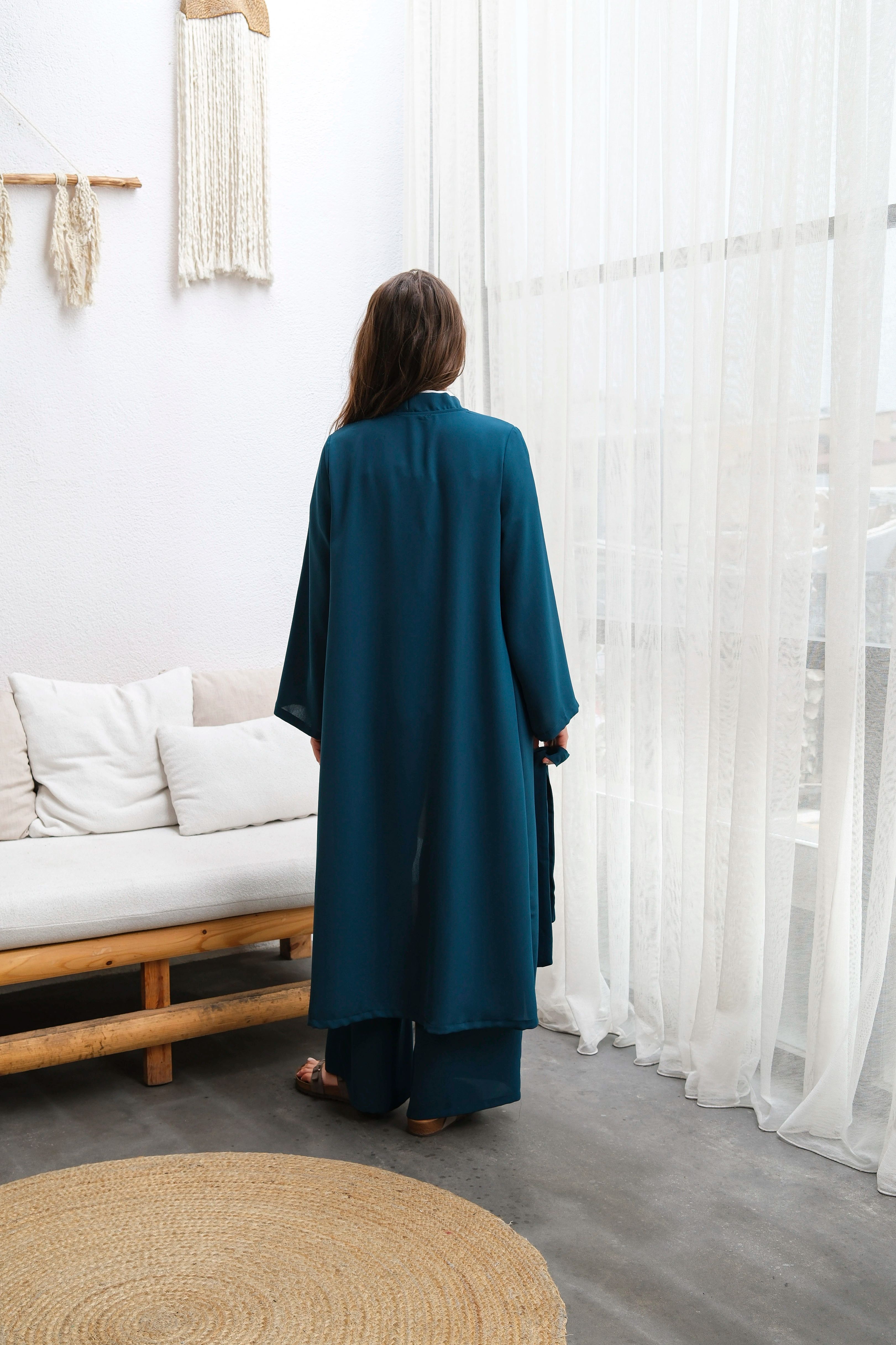 Wholesale Thin Crepe Fabric Belted Double Size Double Suit - b10634 Product Information - Oil Blue