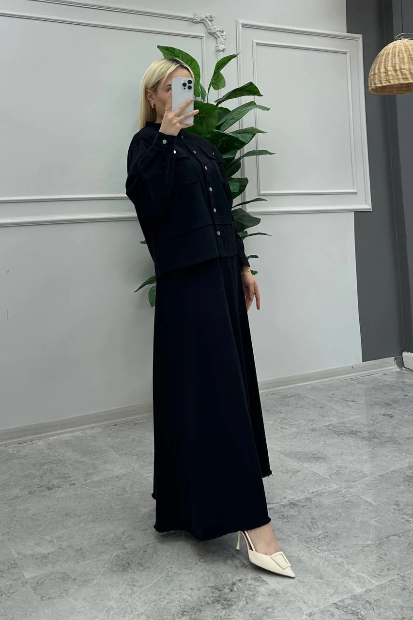 Toptan Gabardin Kumaş Düğmeli Ceketli İkili Etek Takım