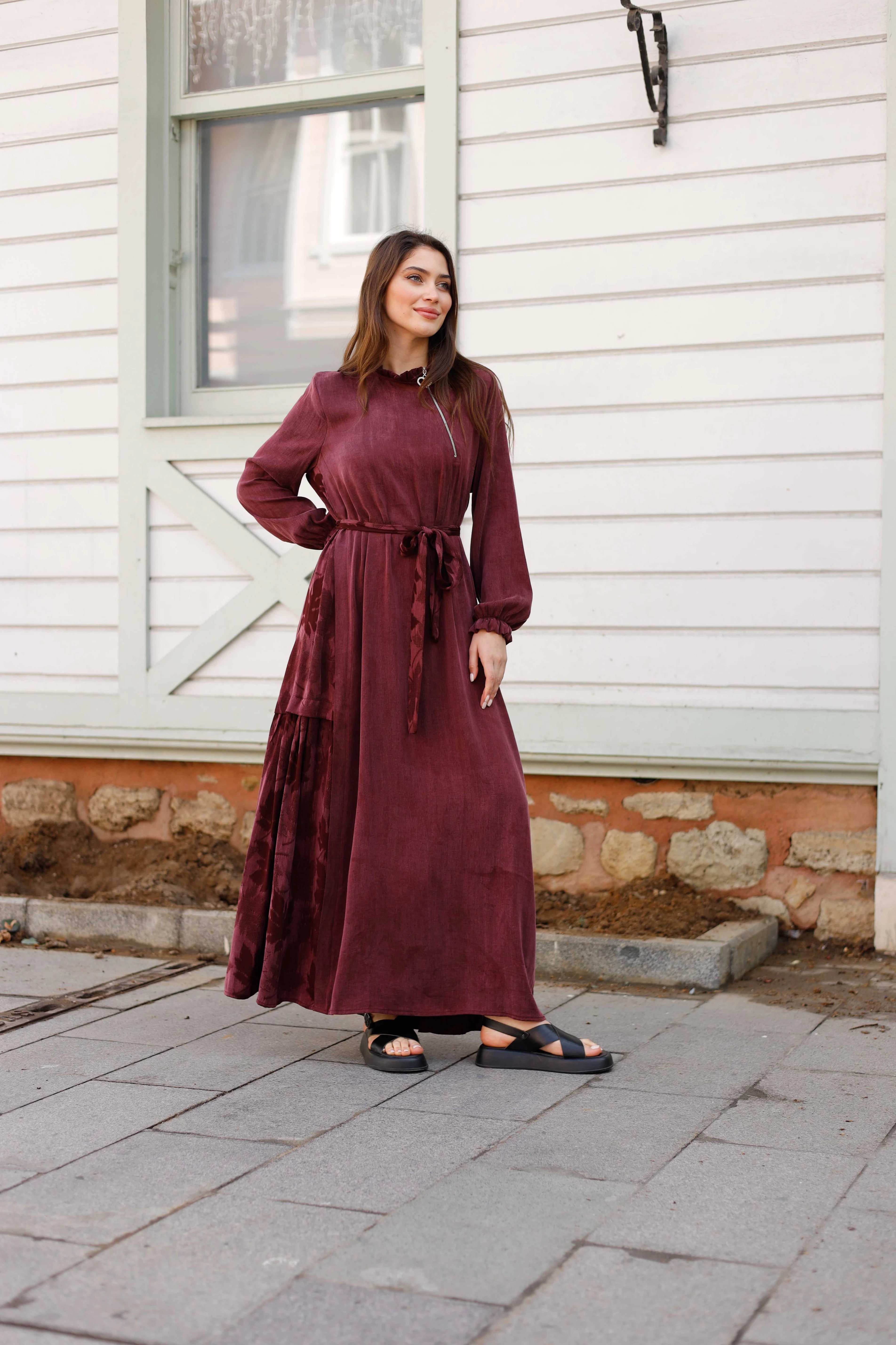 Wholesale Cupra Fabric Leaf Patterned Dress - 3716 - Burgundy